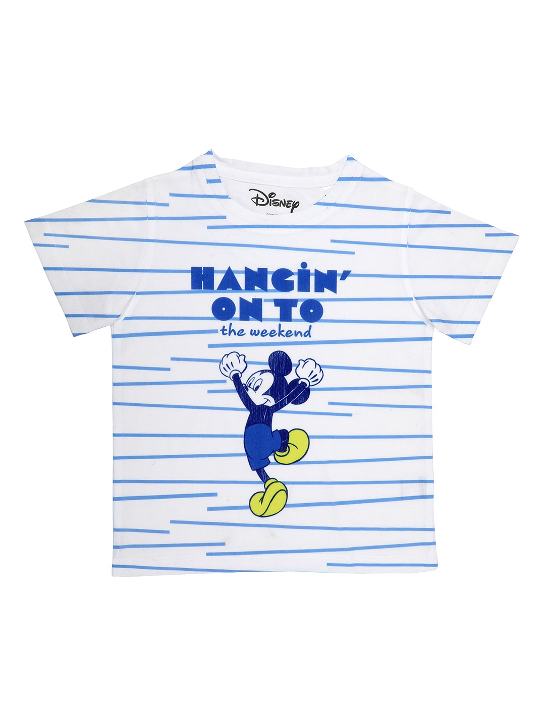 

Disney by Wear Your Mind Boys White Striped Mickey Mouse Print Round Neck T-shirt
