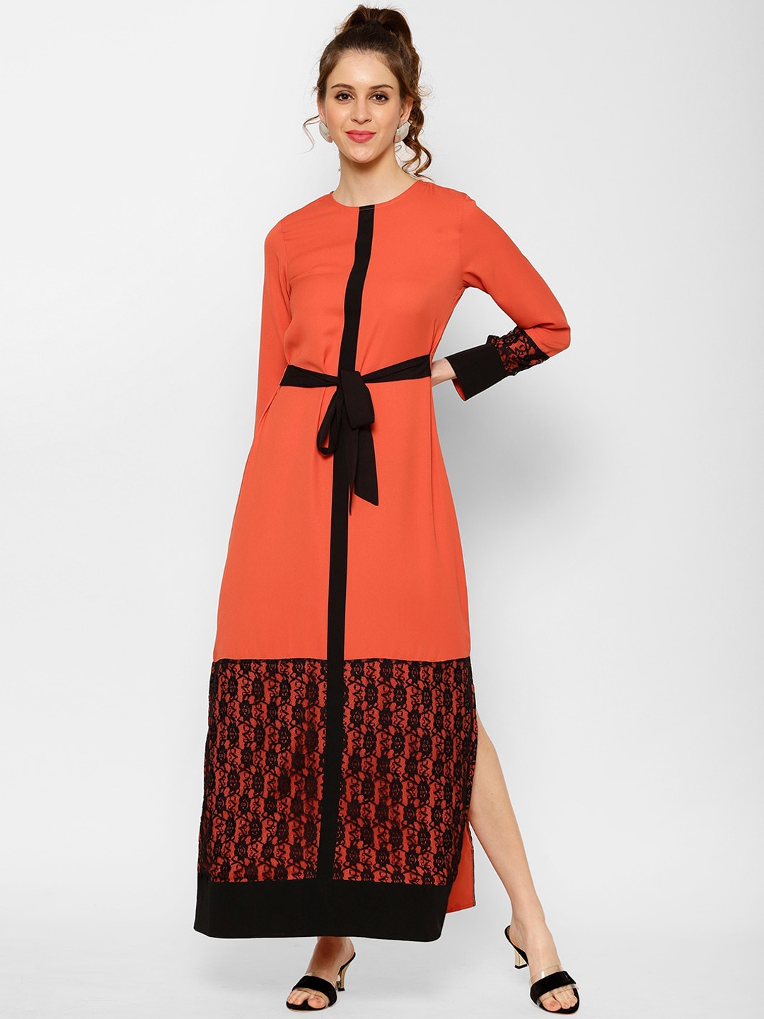 KASSUALLY Women Rust and Black Solid Maxi Dress