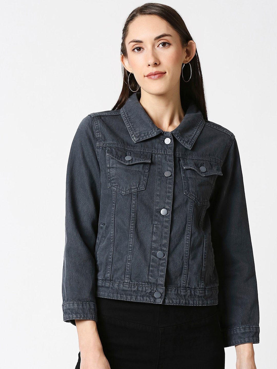 

High Star Women Grey Solid Stretchable Denim Jacket
