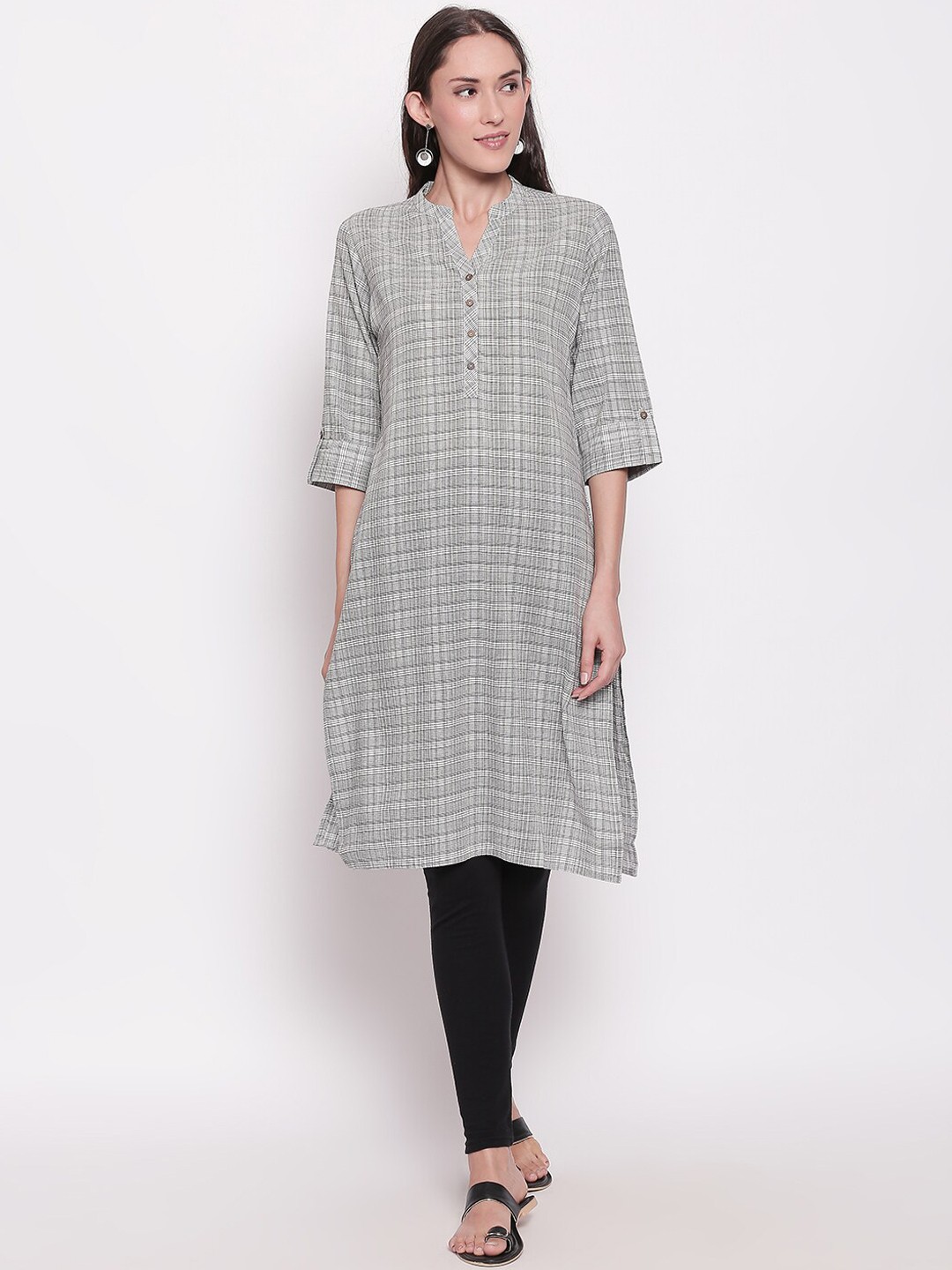 

RANGMANCH BY PANTALOONS Women Off White Checked Thread Work Kurta