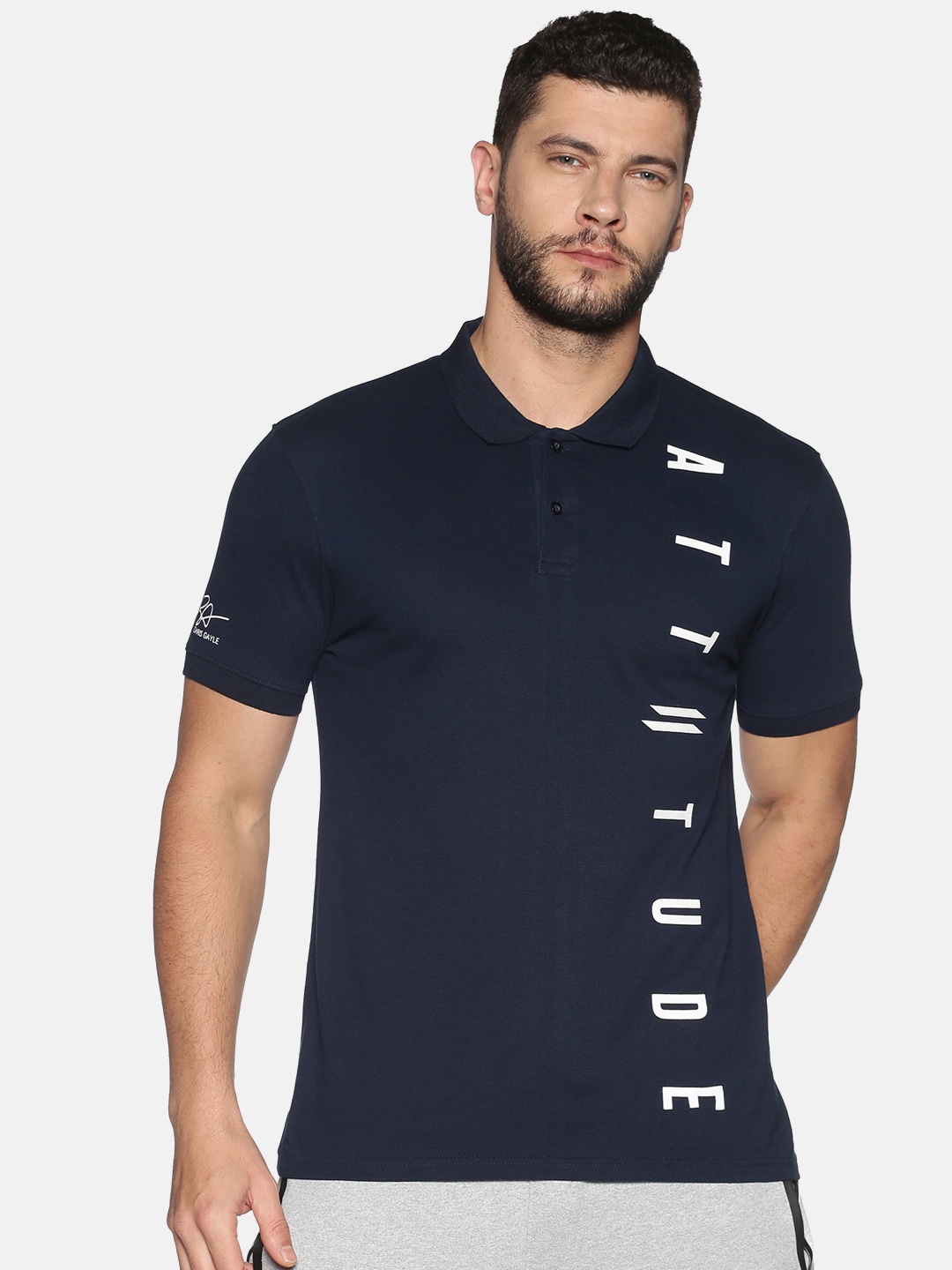 

ATTIITUDE Men Navy Blue Printed Polo Collar Slim Fit T-shirt