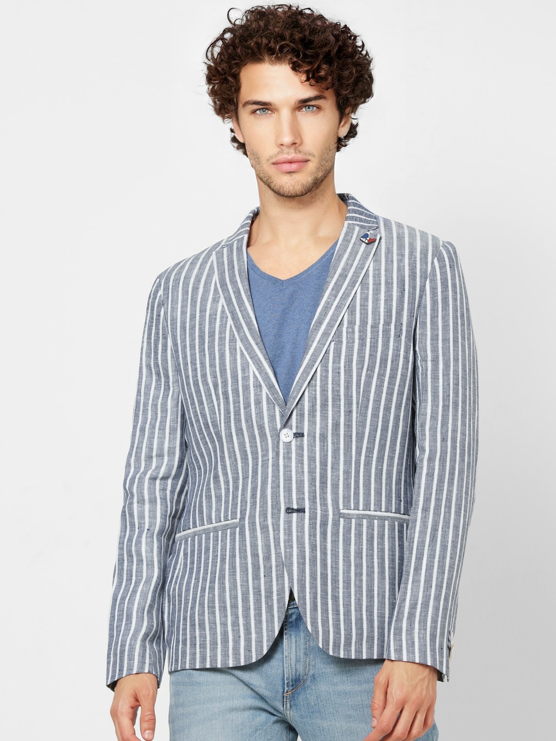 

Jack & Jones Men Blue & White Striped Slim-Fit Single-Breasted Blazer