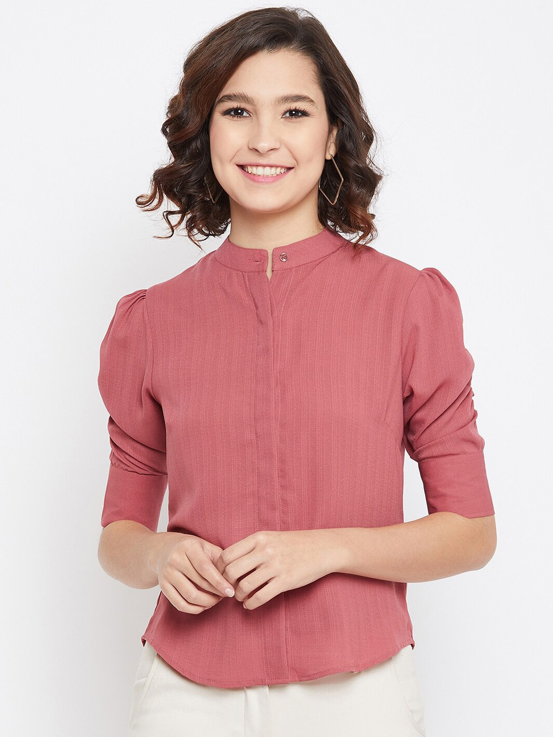 

Imfashini Women Peach-Coloured Solid Shirt Style Top