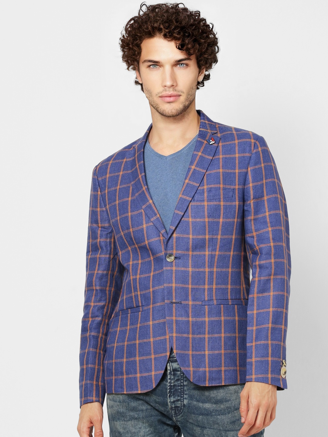 

Jack & Jones Men Blue & Orange Checked Single-Breasted Slim-Fit Blazer