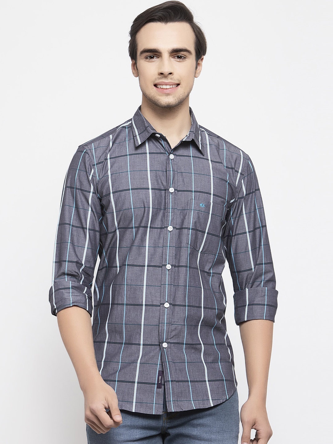 

Allen Cooper Men Grey Slim Fit Checked Casual Shirt