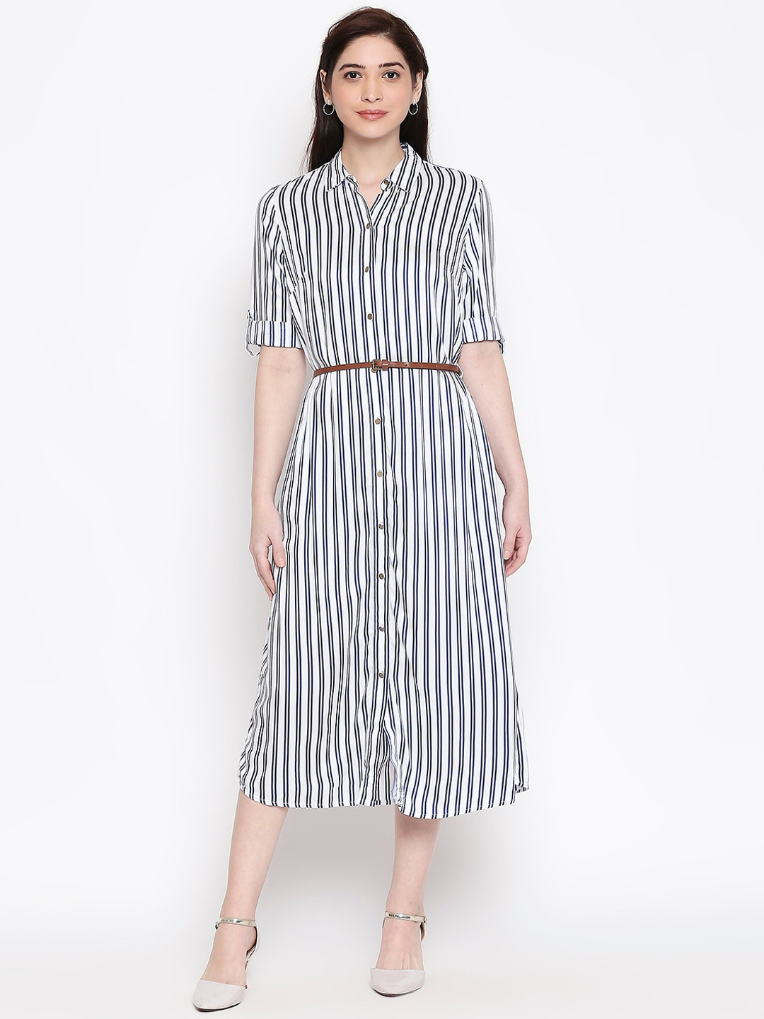 

Honey by Pantaloons Women White Striped Shirt Dress