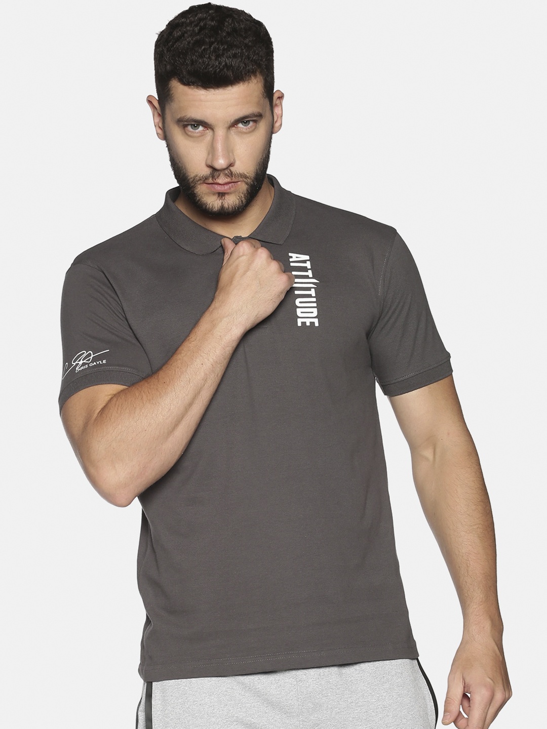 

ATTIITUDE Men Grey Solid Polo Collar Pure Cotton Slim Fit T-shirt