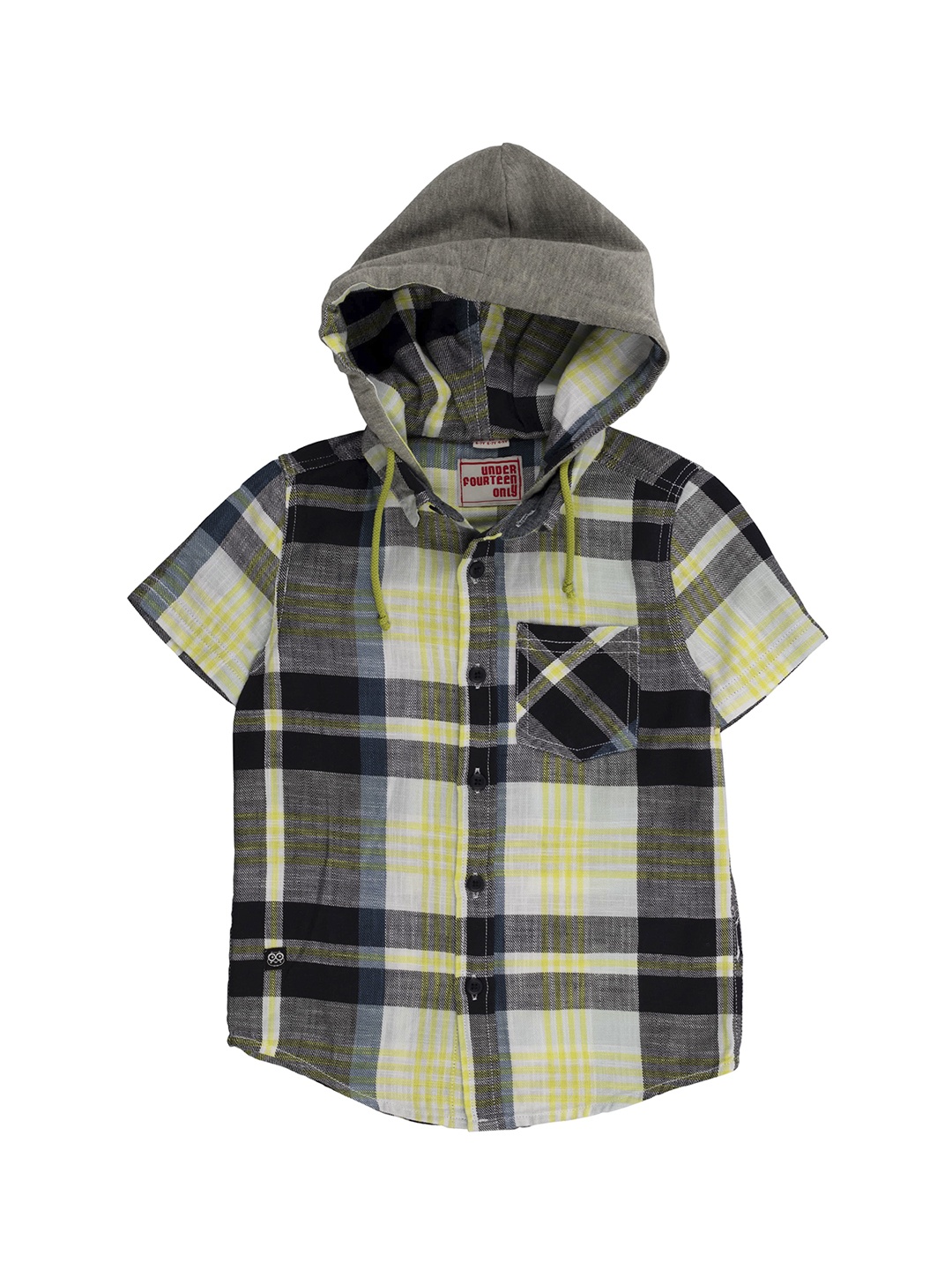

UNDER FOURTEEN ONLY Boys Green Regular Fit Checked Casual Hooded Shirt