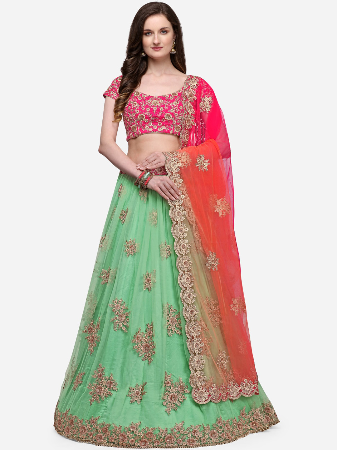 

NAKKASHI Pink & Green Embroidered Semi-Stitched Lehenga & Unstitched Blouse with Dupatta