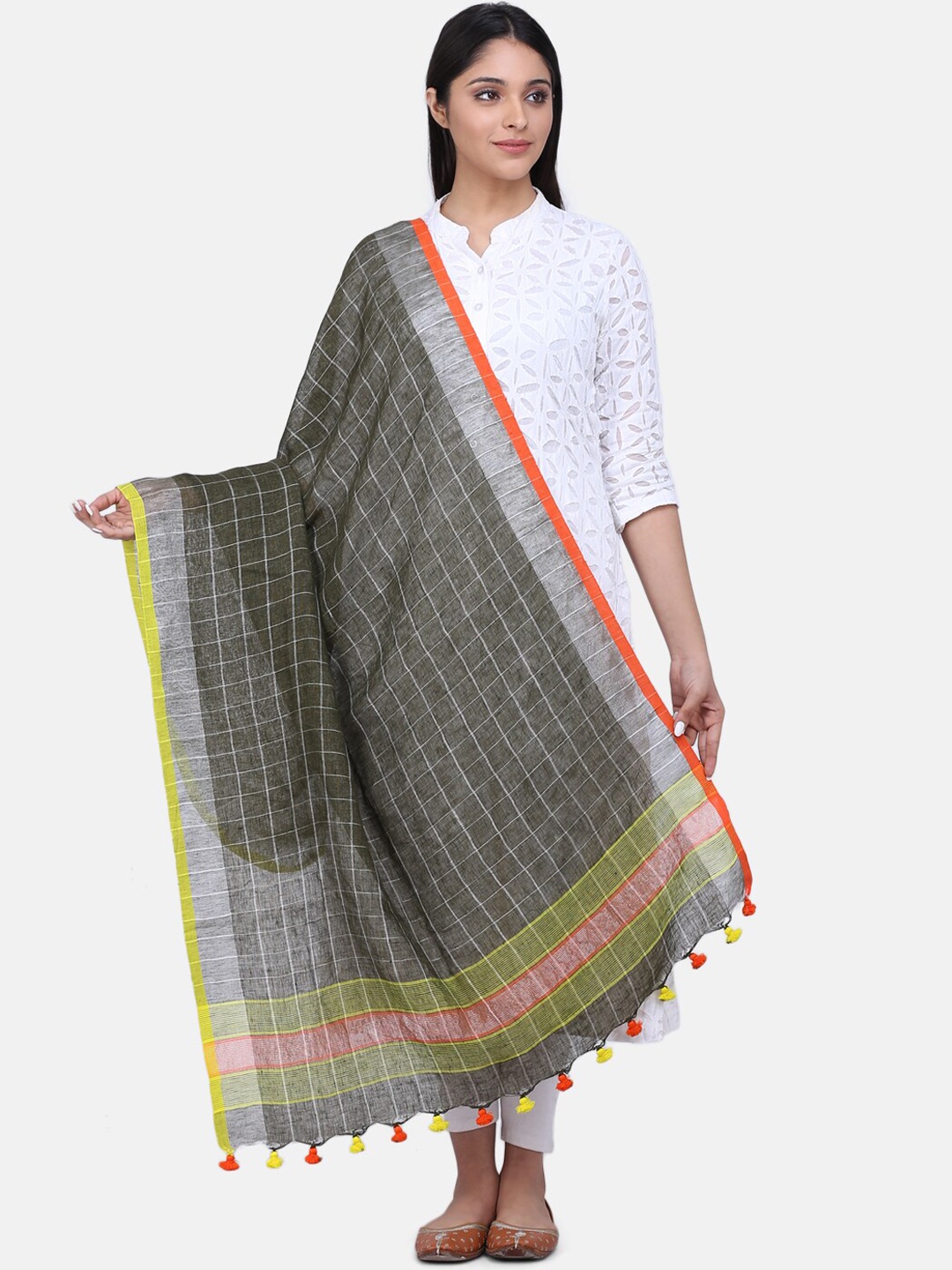 

THE WEAVE TRAVELLER Grey & Green Checked Dupatta