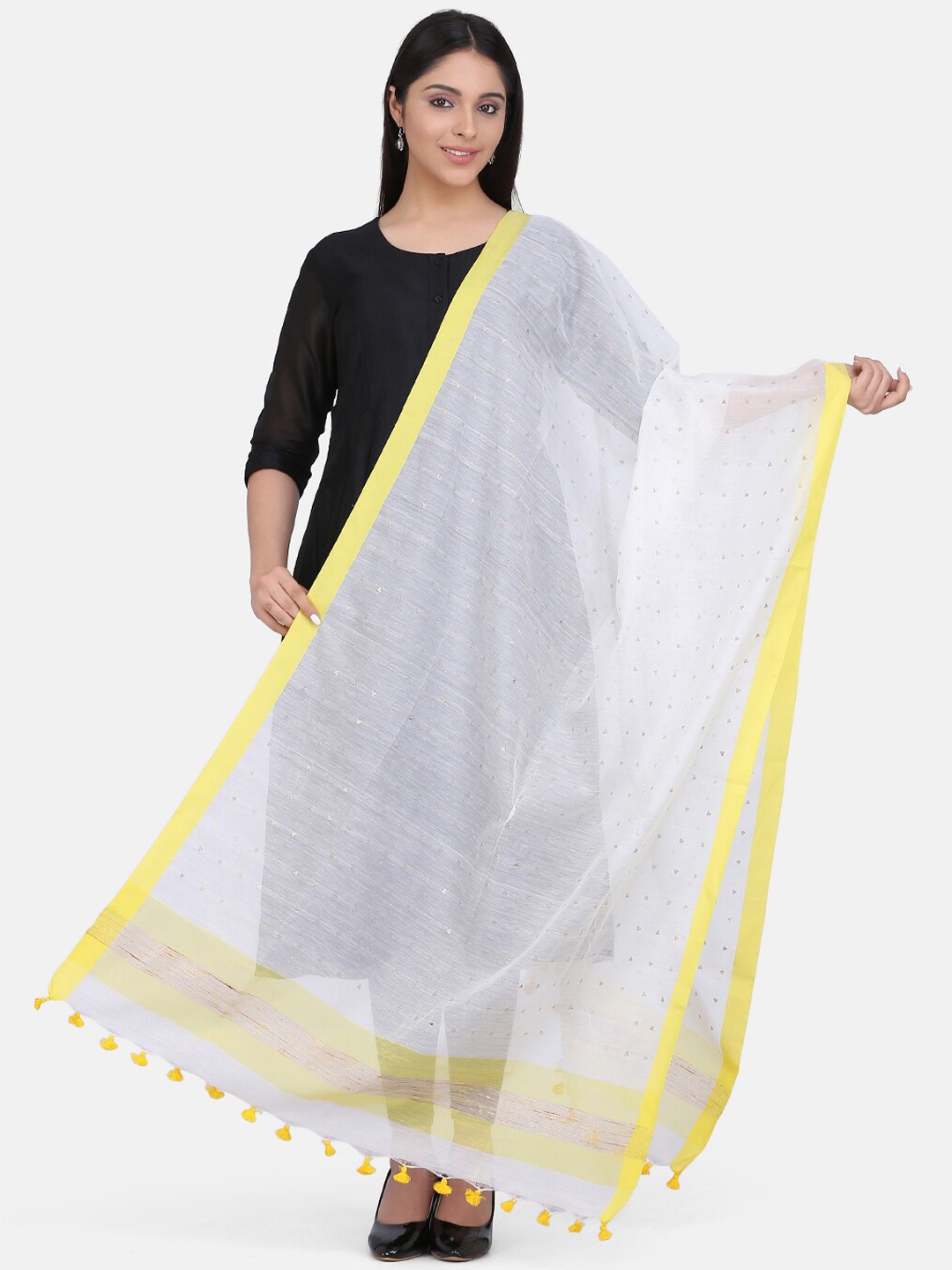 

THE WEAVE TRAVELLER White & Yellow Woven Design Dupatta