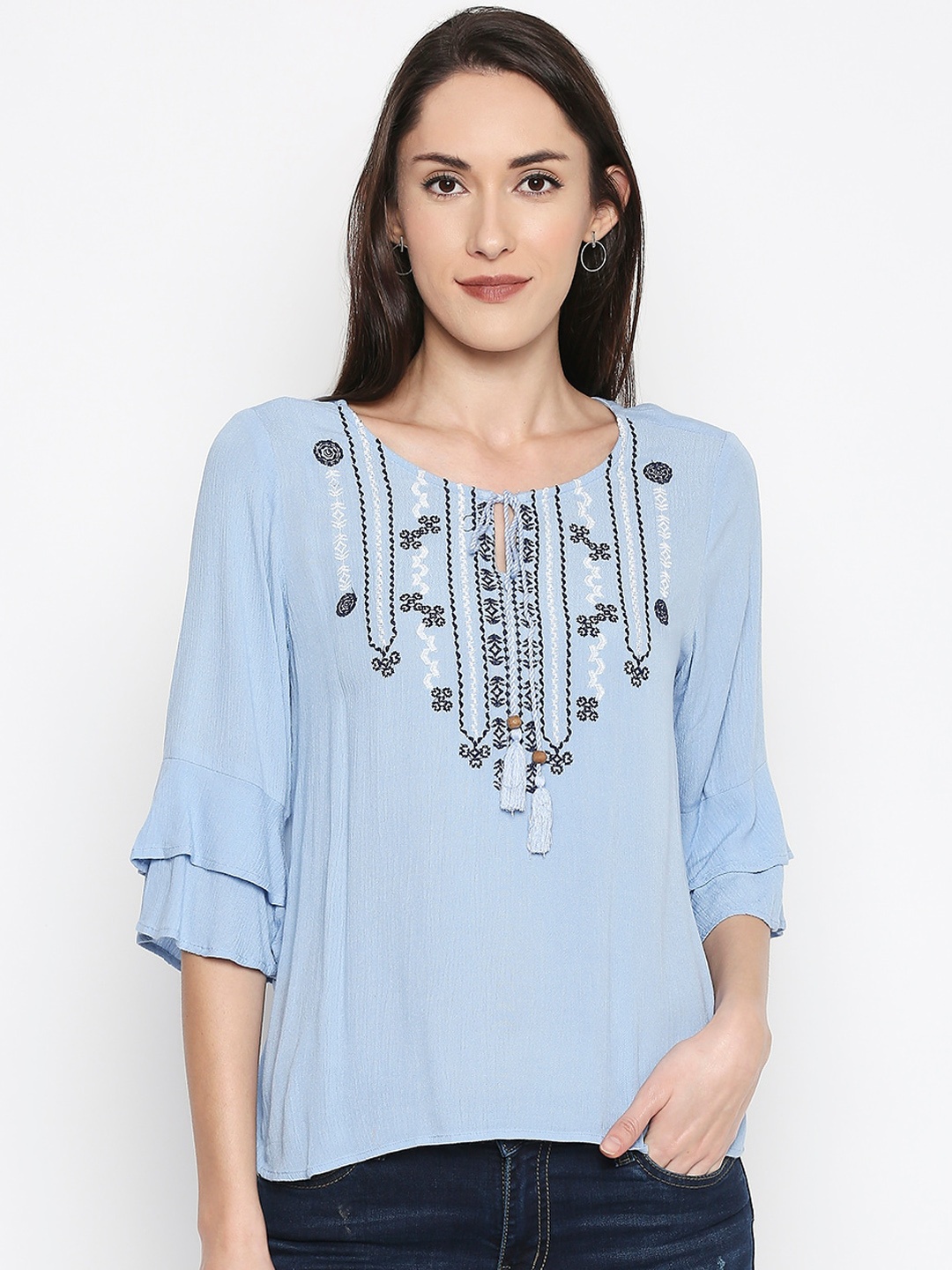 

People Blue Embroidered Tie-Up Neck Top