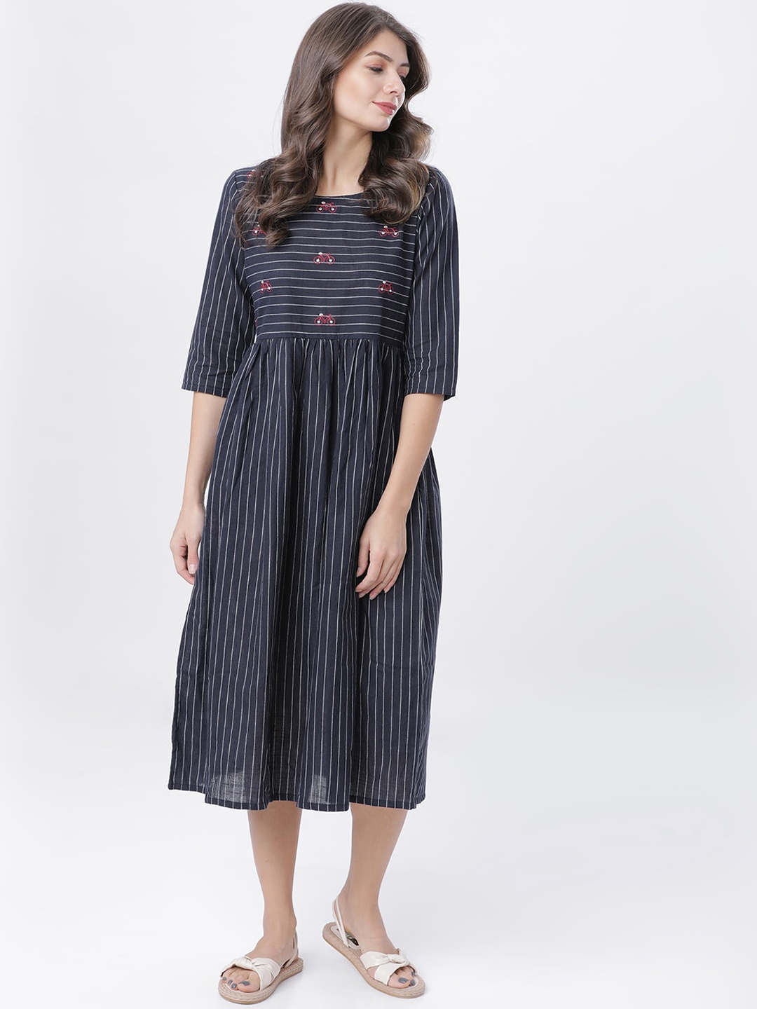 

Vishudh Women Navy Blue Striped Embroidered Fit and Flare Dress