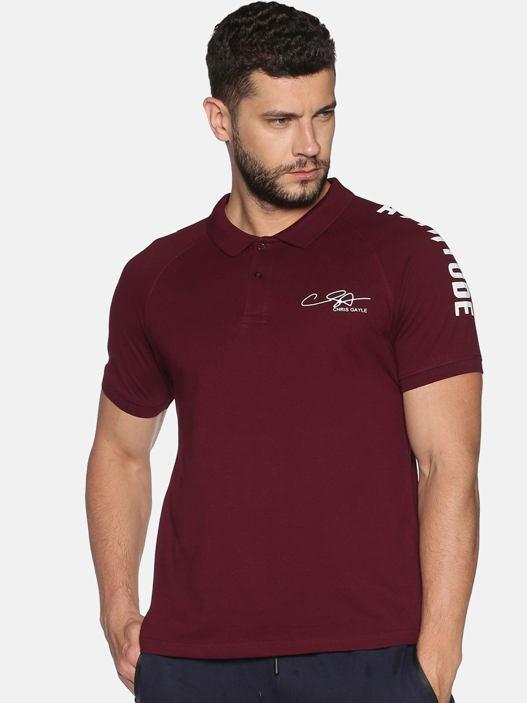 

ATTIITUDE Men Maroon Printed Cotton Polo Collar Pure Cotton Slim Fit T-shirt