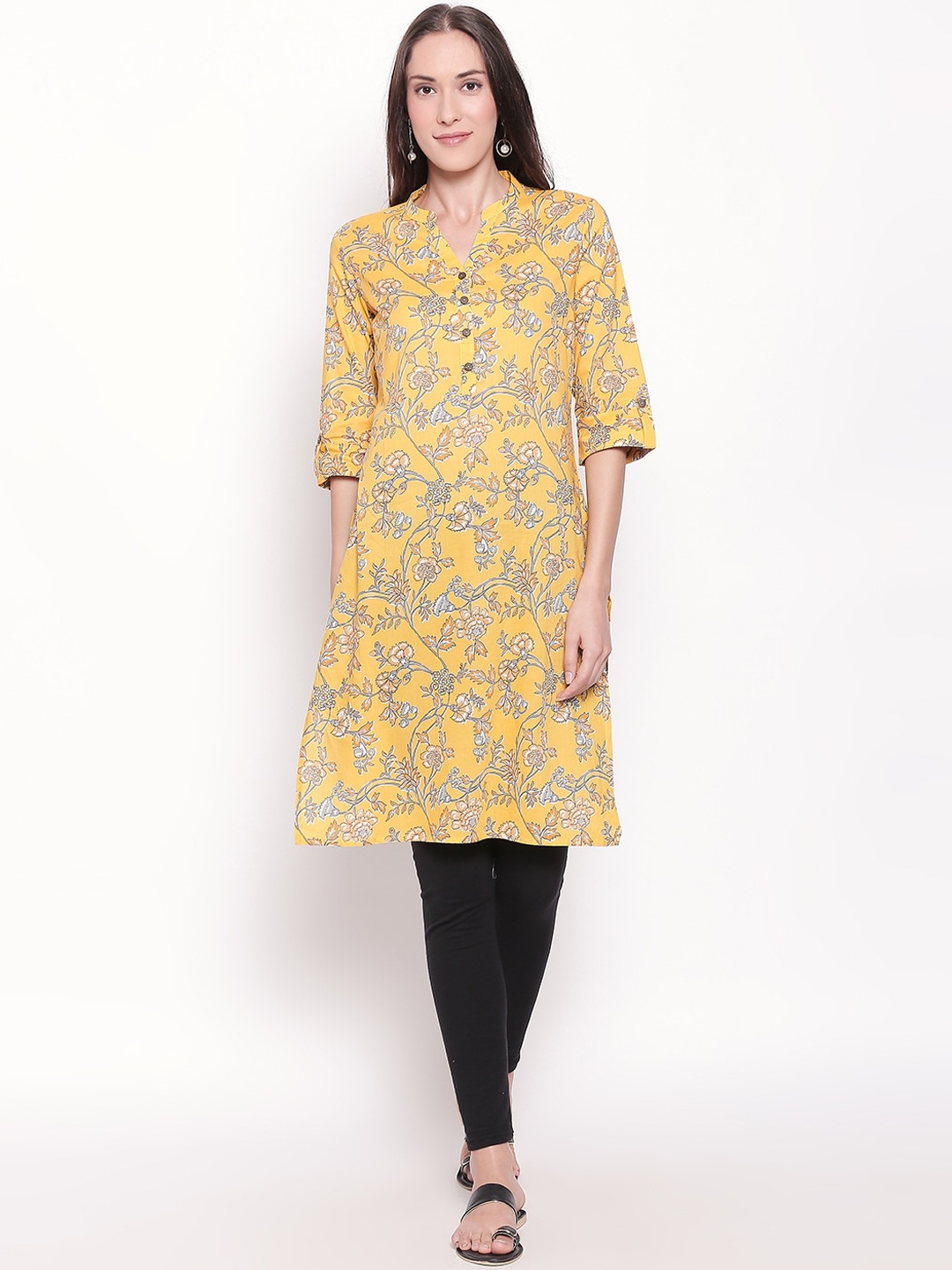 

RANGMANCH BY PANTALOONS Women Yellow & Grey Floral Printed Mandarin Collar Kurta