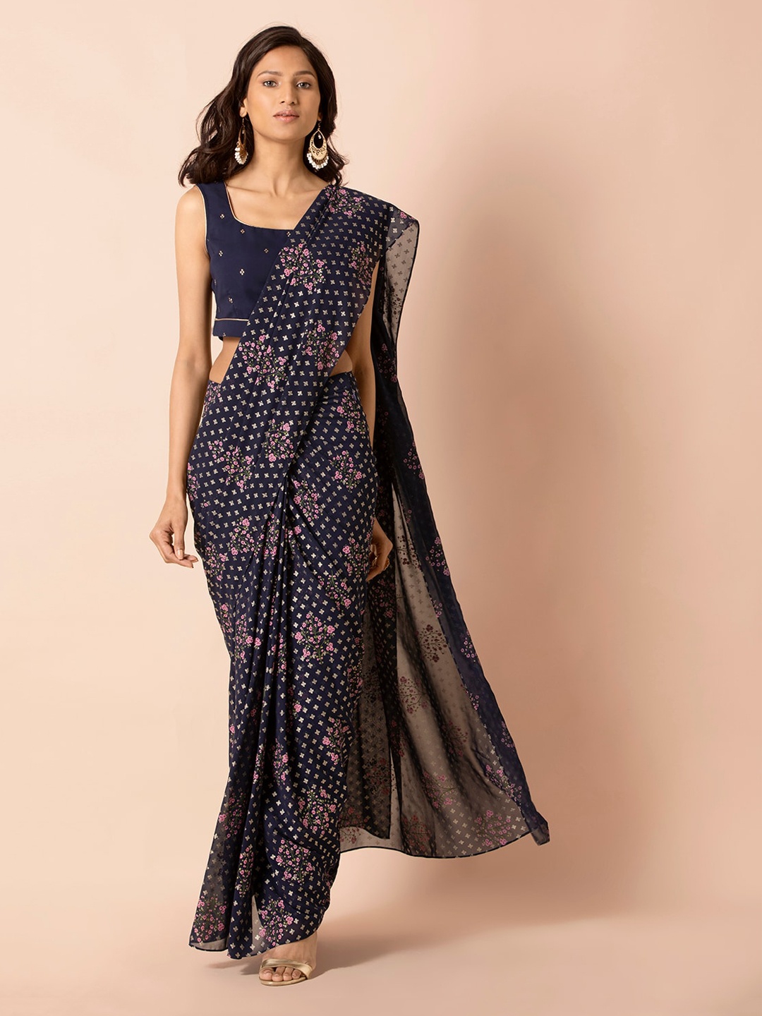 INDYA Blue & Pink Printed Ready to Wear Saree