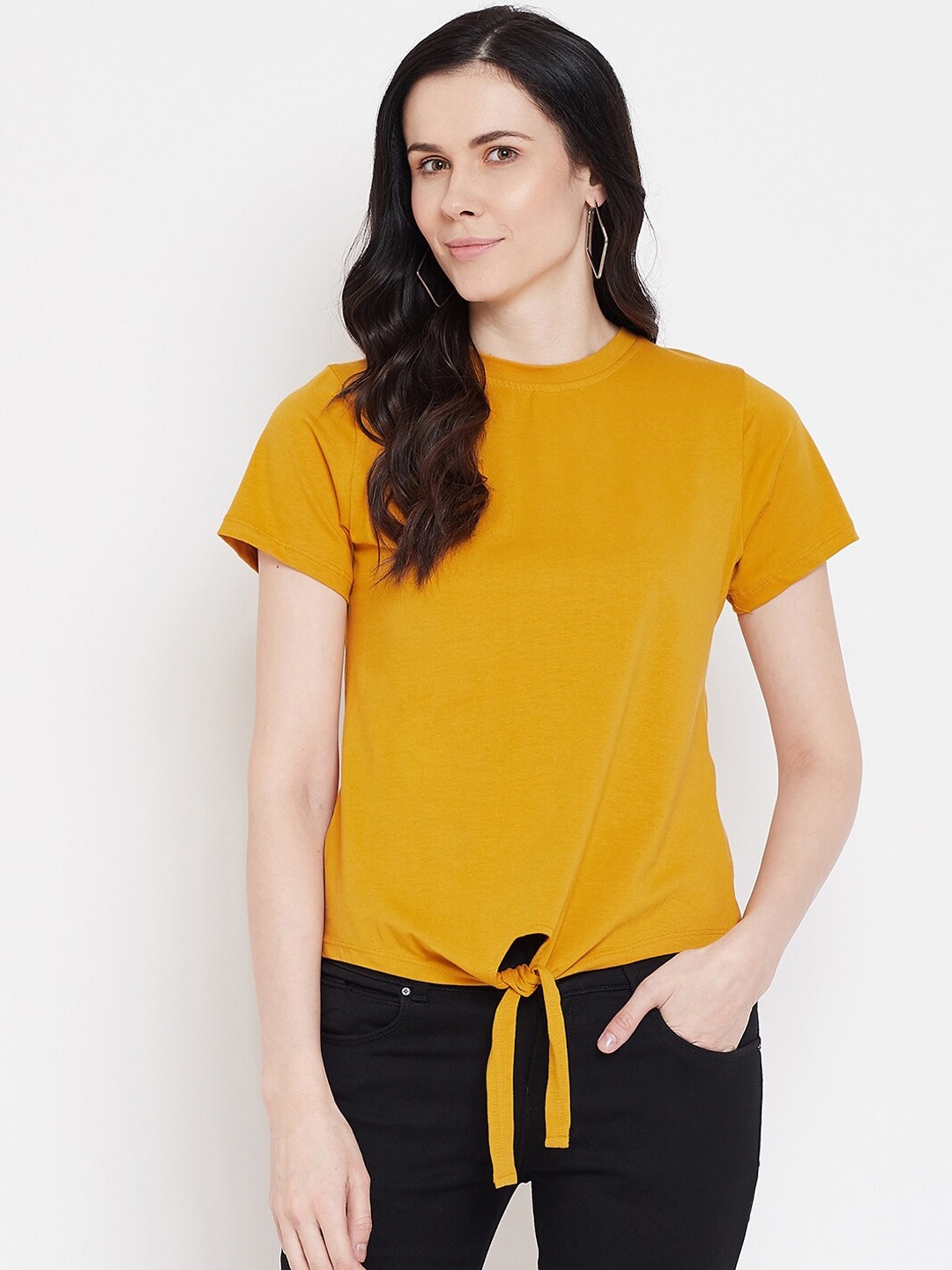 

Imfashini Women Yellow Solid Round Neck T-shirt with Front Knot