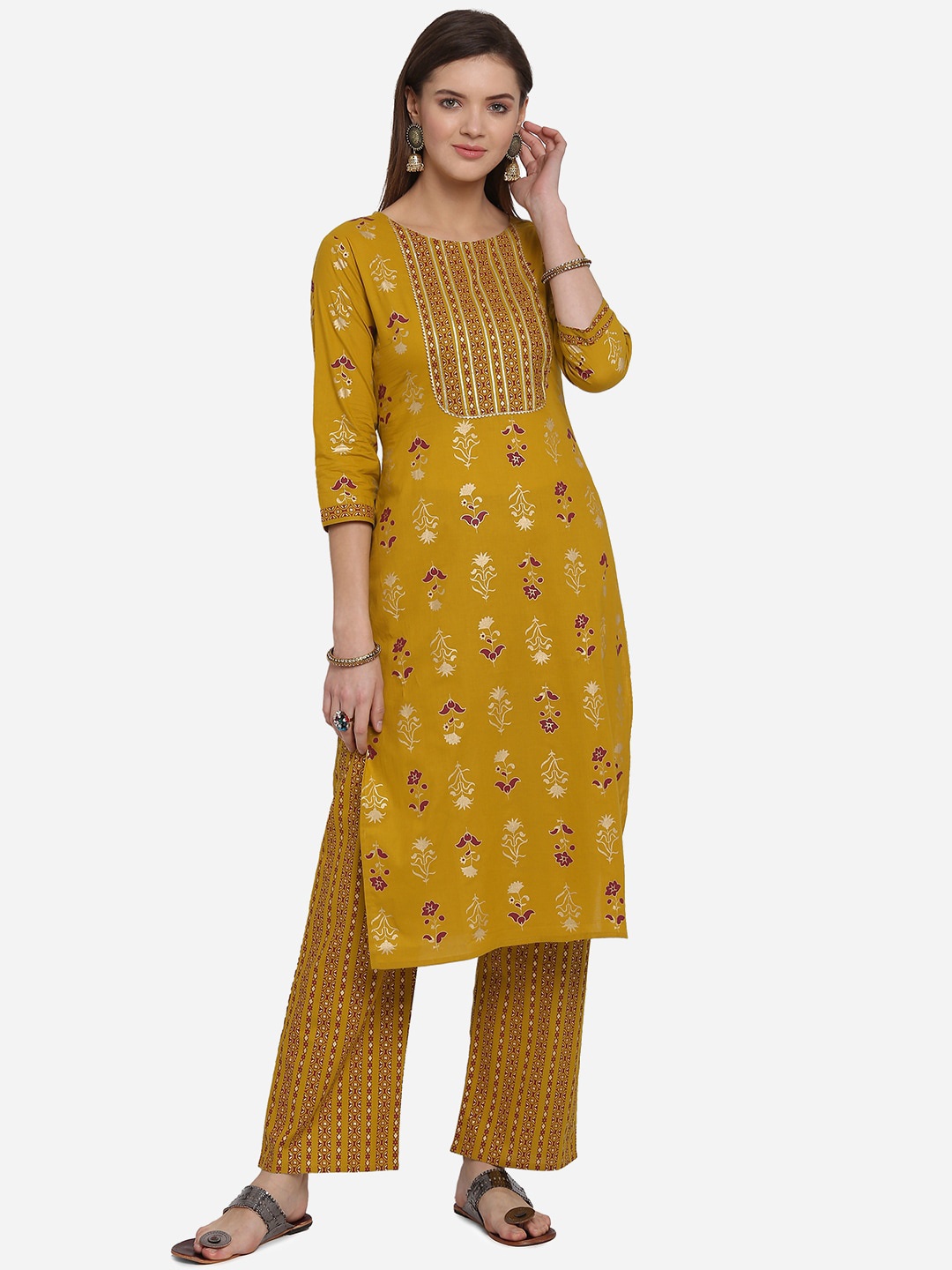 

KALINI Women Plus Size Mustard Printed Kurti with Palazzos