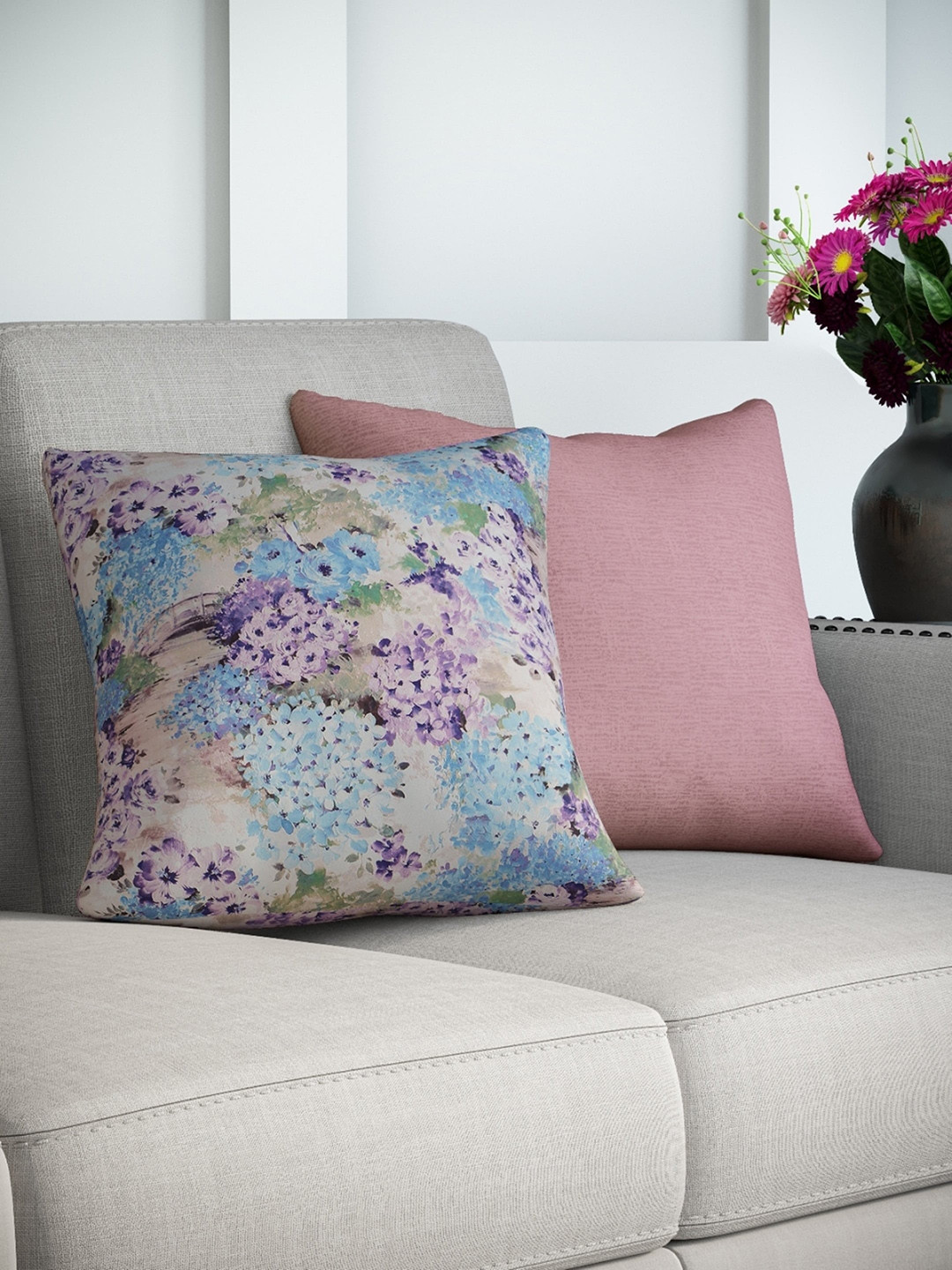 

DDecor Purple & Blue Set of 2 Floral Square Cushion Covers