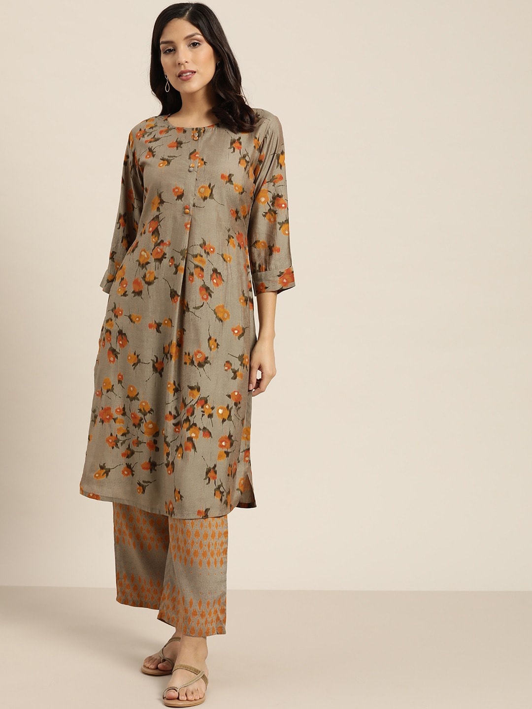 

Sangria Taupe Floral Printed Kurta