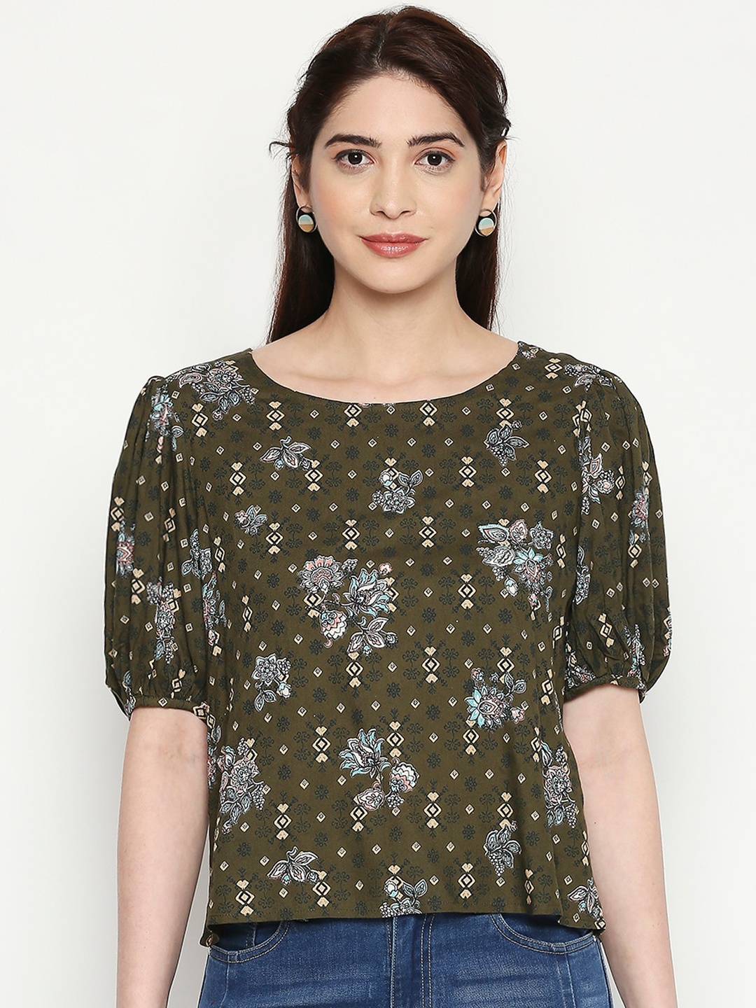 

People Women Olive Green Floral Printed Top