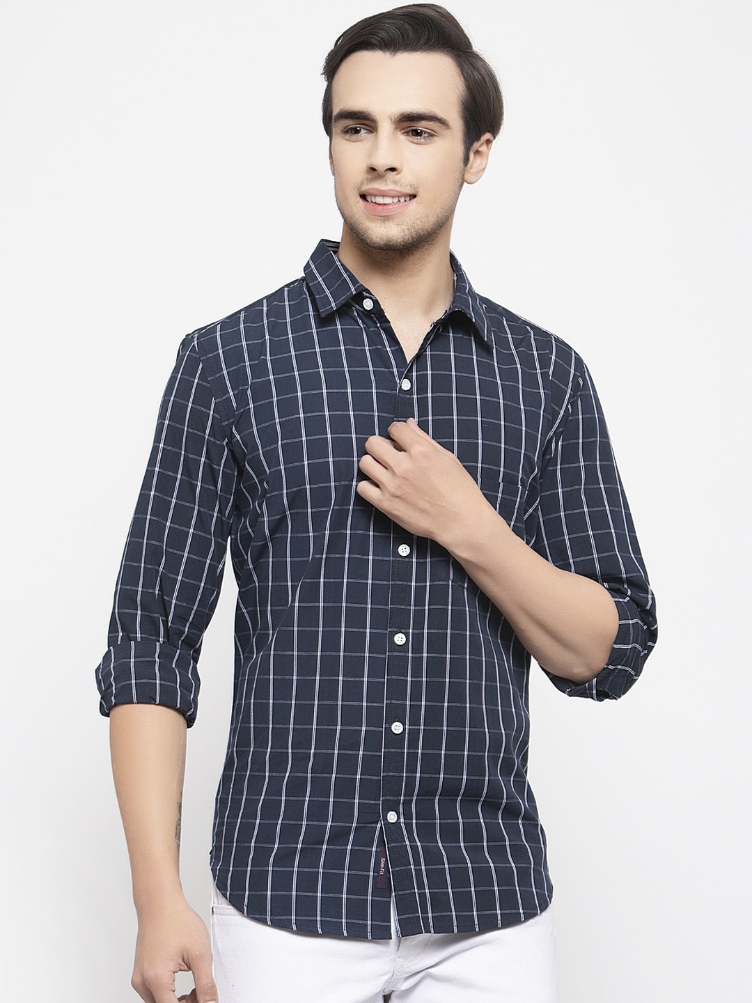 

Allen Cooper Men Navy Blue Slim Fit Checked Casual Shirt