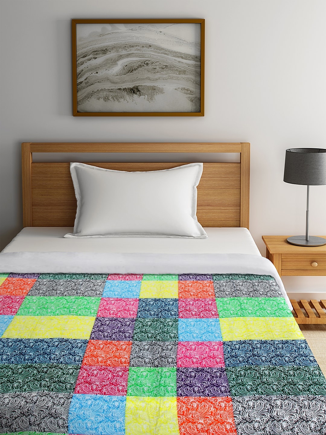 

REME Multicoloured Ethnic Motifs AC Room 150 GSM 100% Organic Cotton Single Bed Quilt, Multi