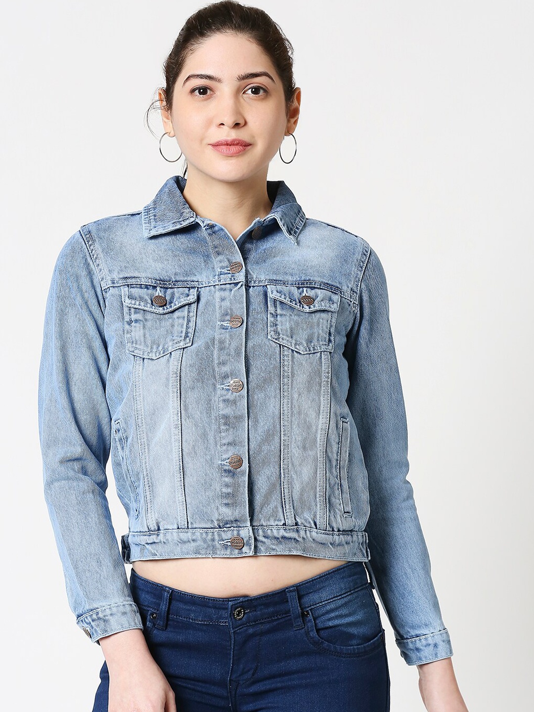 

High Star Women Blue Solid Denim Jacket