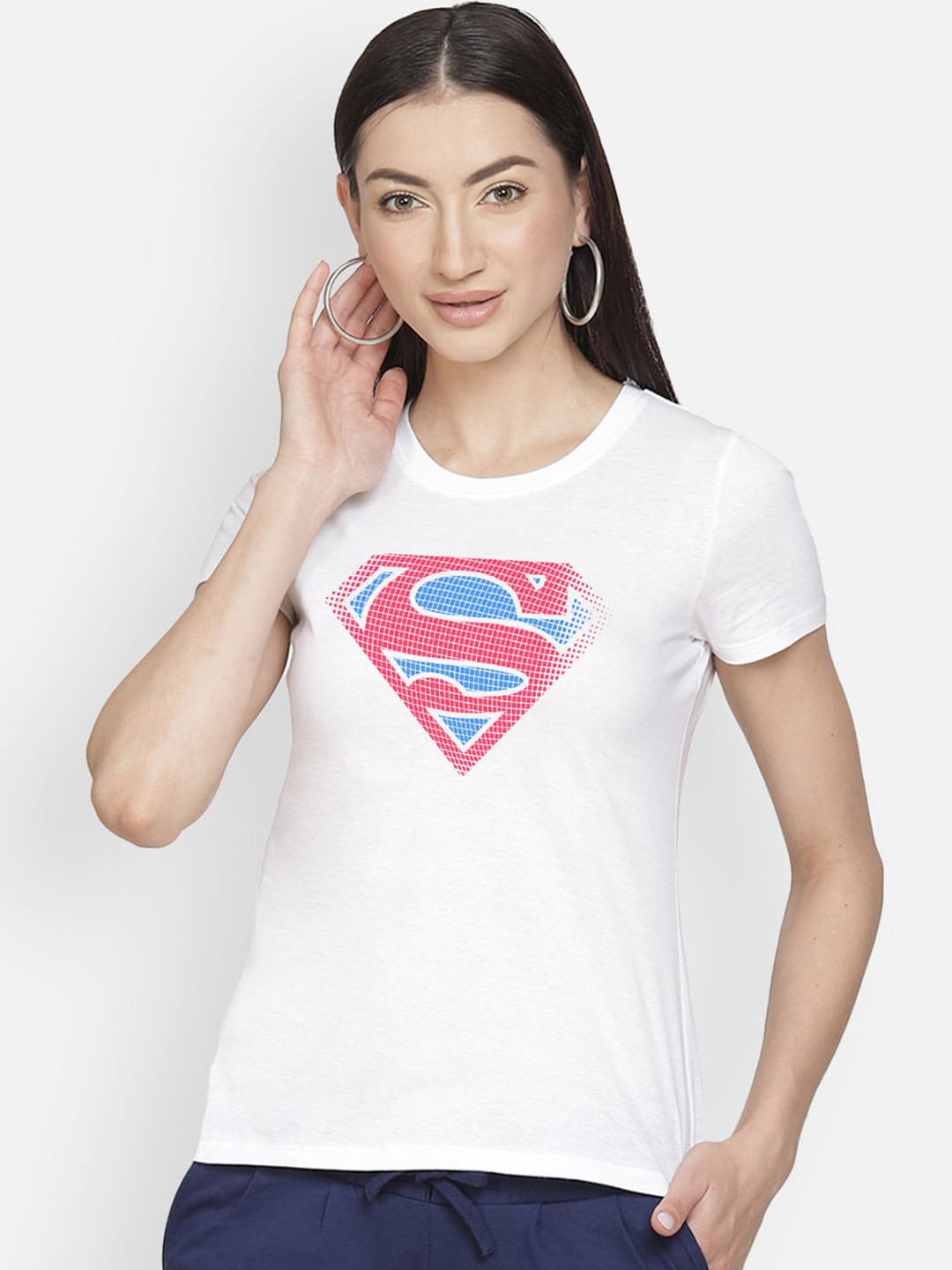 

Free Authority Women White Superman Printed Round Neck T-shirt