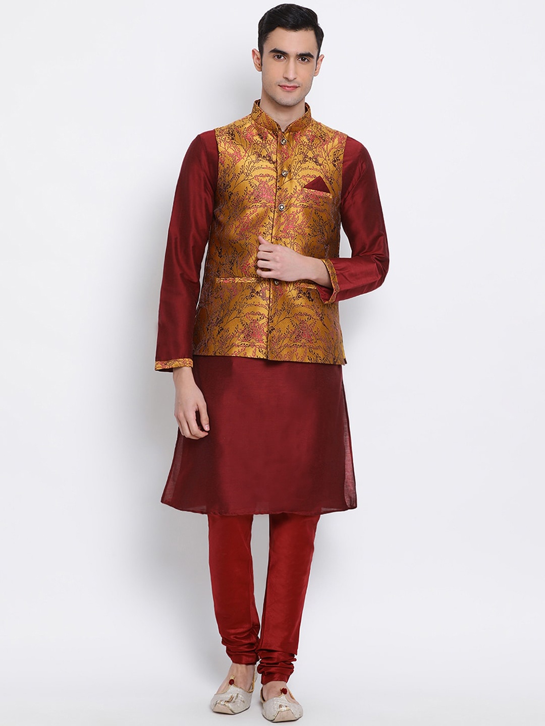 

Sanwara Men Maroon Mustard Solid Kurta Bandi Jacket Set With Pyjamas Jacket