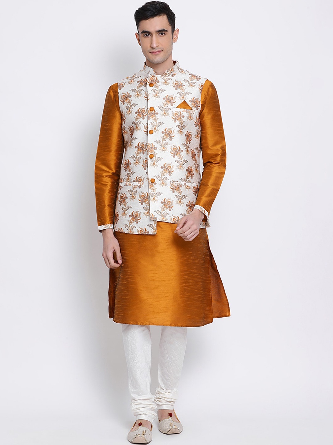 

Sanwara Men Orange & White Solid Art Silk Kurta with Churidar & Jacket