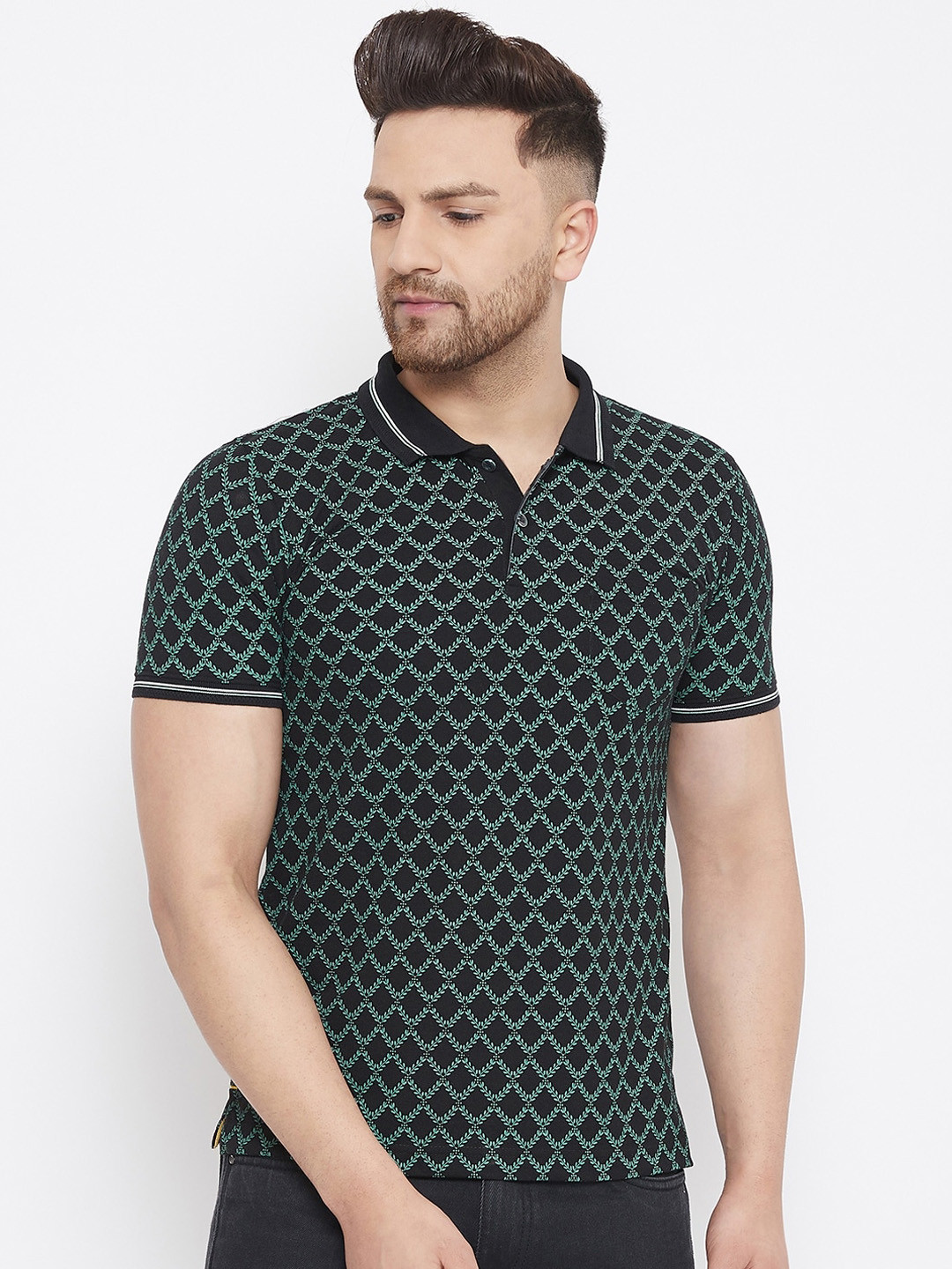 

Adobe Men Black Printed Polo Collar T-shirt