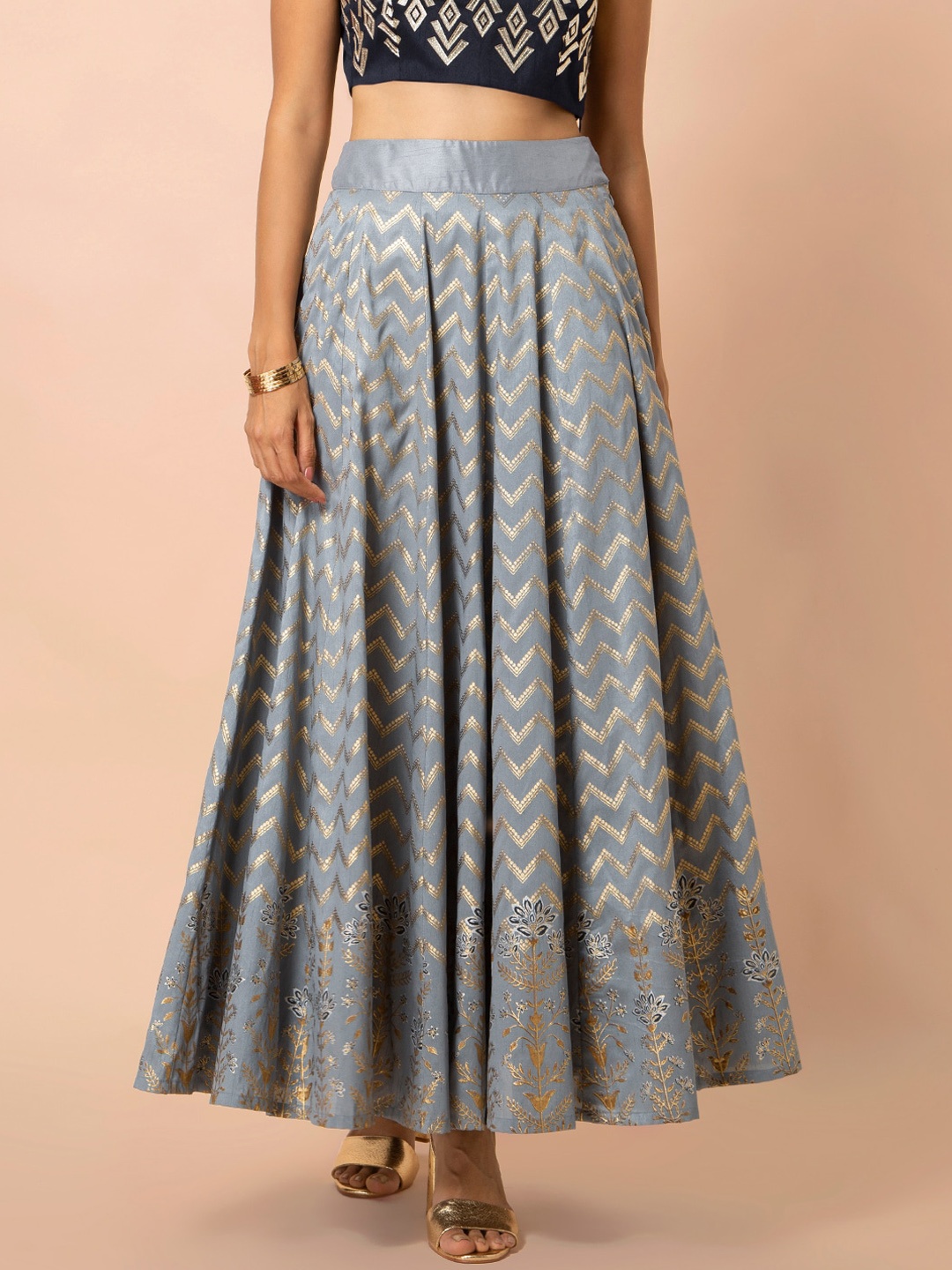 

INDYA Women Grey & Gold-Coloured Chevron Printed Flared Maxi Skirt