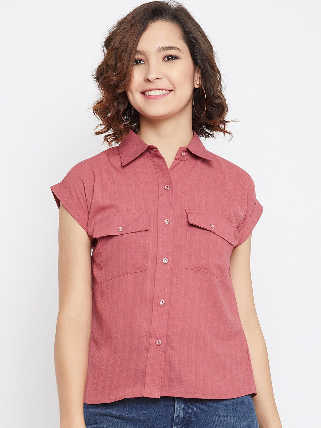 

Imfashini Women Peach-Coloured Solid Shirt Style Top