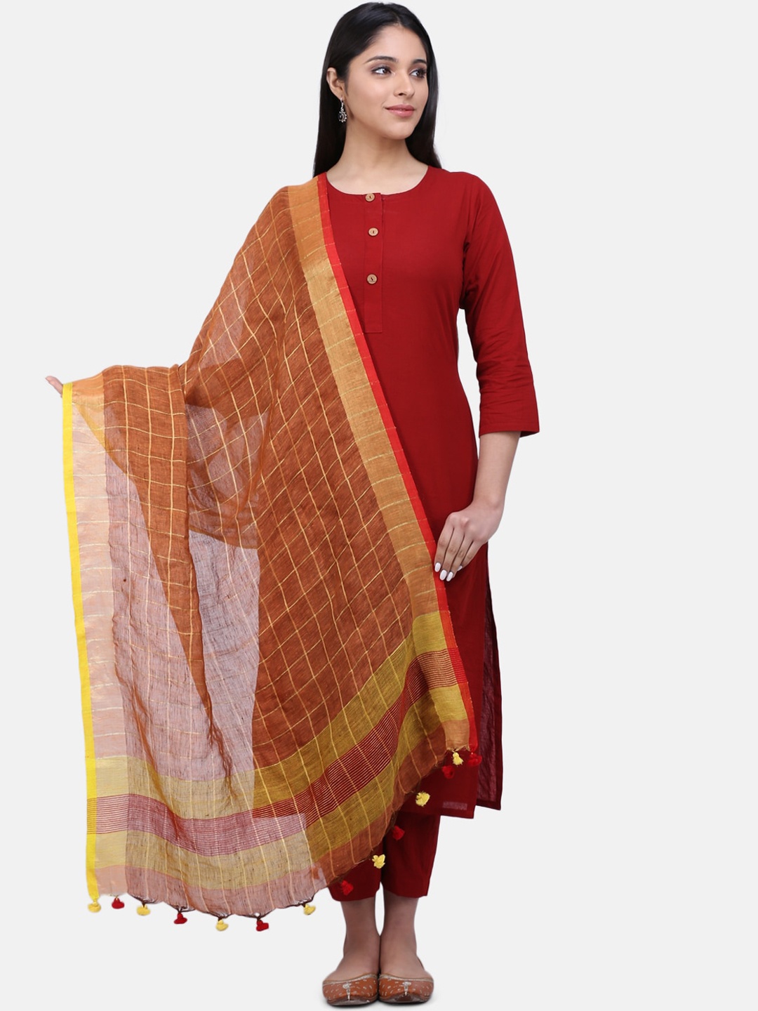 

THE WEAVE TRAVELLER Bronze-Toned & Yellow Checked Dupatta
