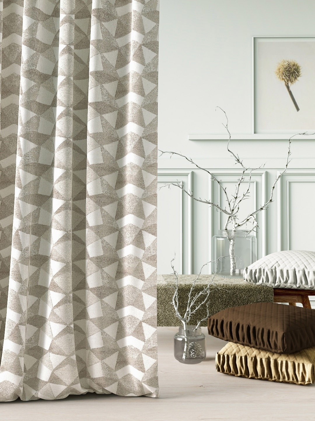 

DDecor White & Beige Geometric Print Single Door Curtain