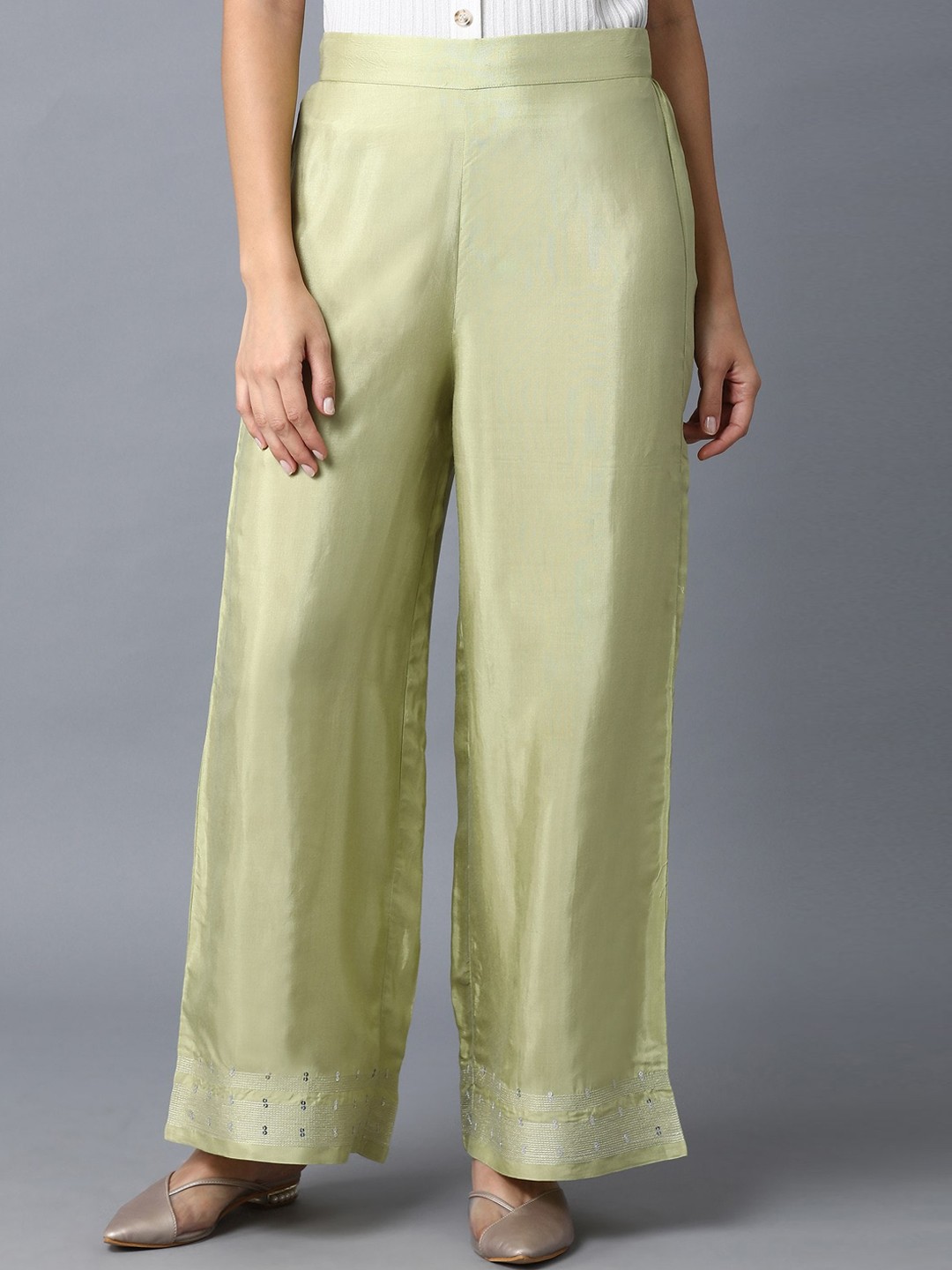 

W Women Green Solid Shantung Parallel Pants