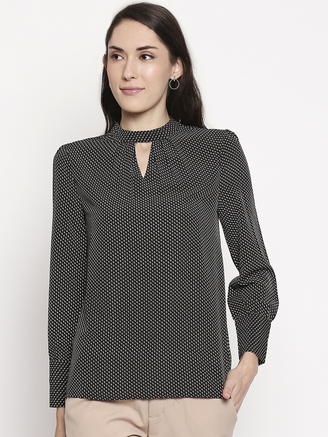 

Annabelle by Pantaloons Women Black Printed Keyhole Neck Top