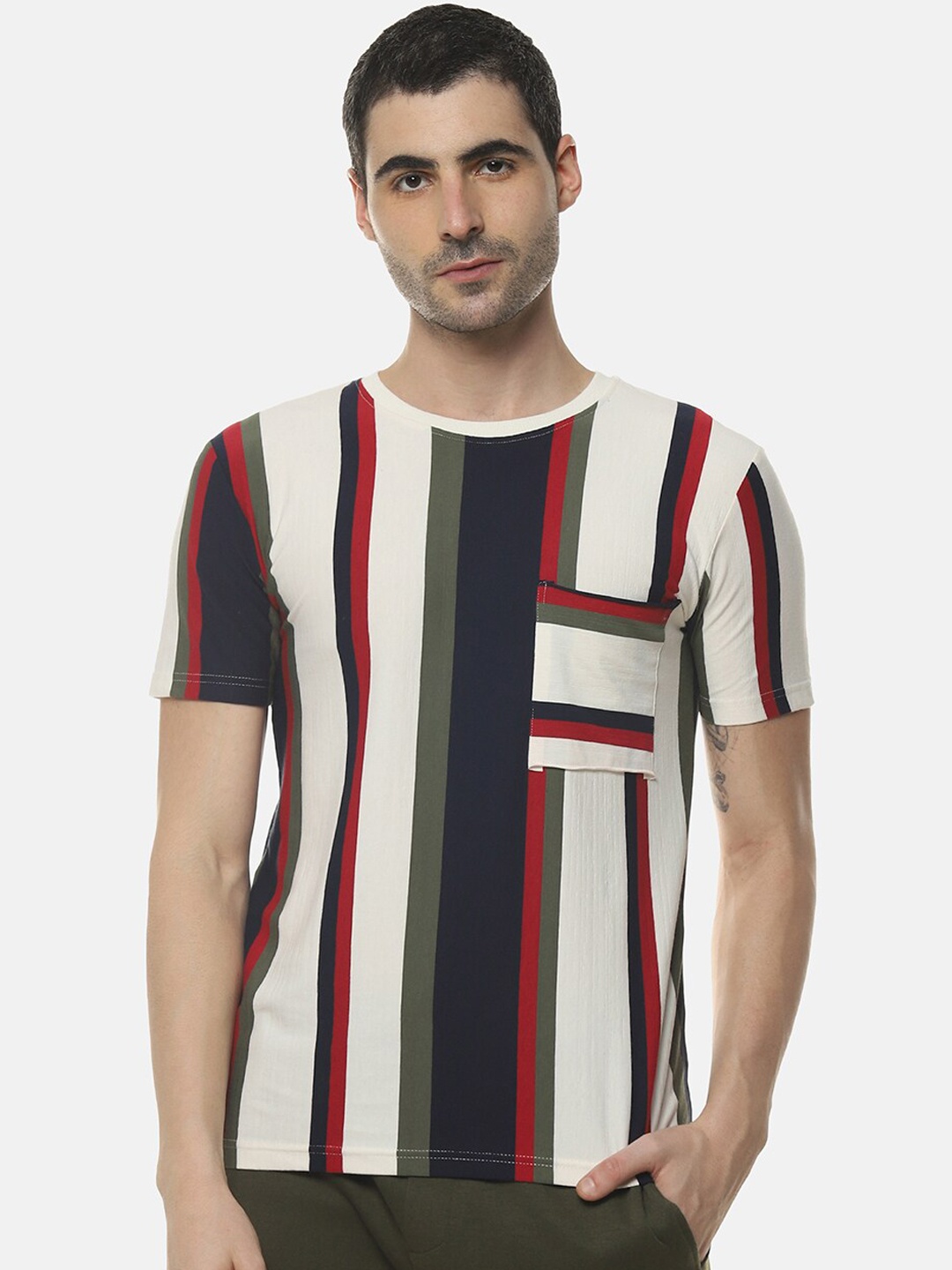 

Campus Sutra Men Multicoloured Striped Round Neck T-shirt, Multi