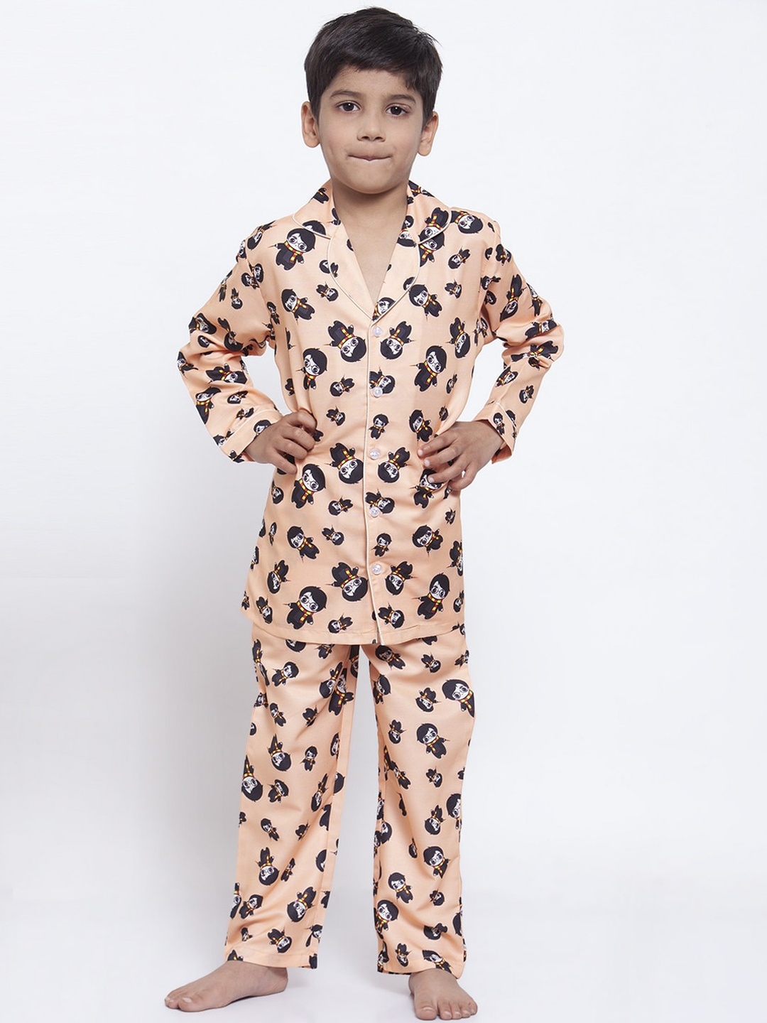 MAXENCE Boys Orange & Black Printed Night Suit