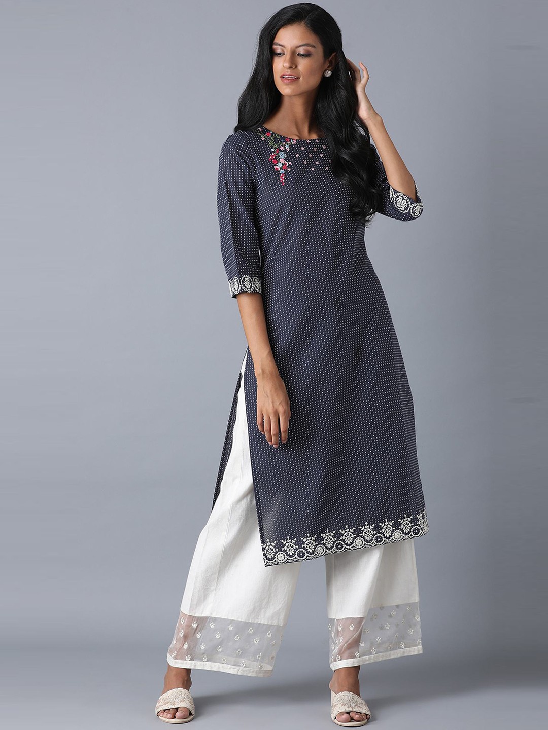

W Women Navy Blue Floral Embroidered A-Line Kurta