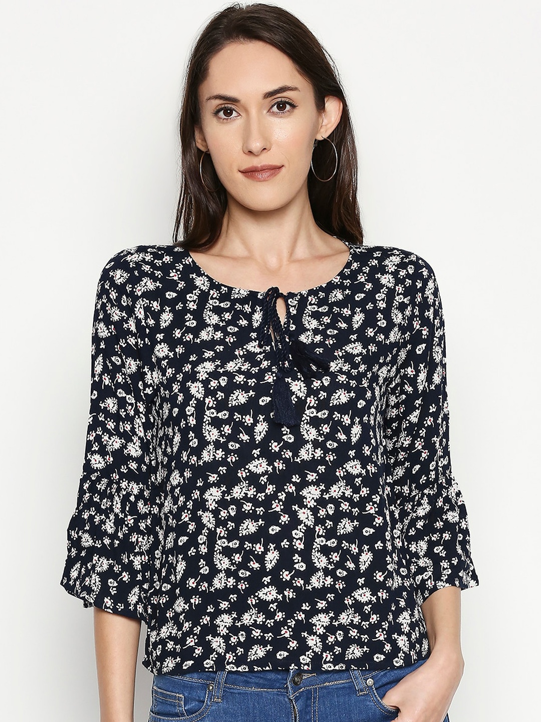 

People Navy Blue Printed Tie-Up Neck Bell Sleeves Top