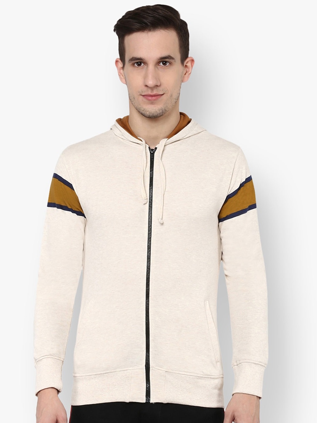 

Urbano Fashion Men Colourblocked Slim Fit Cotton Hooded Sweatshirt, Beige