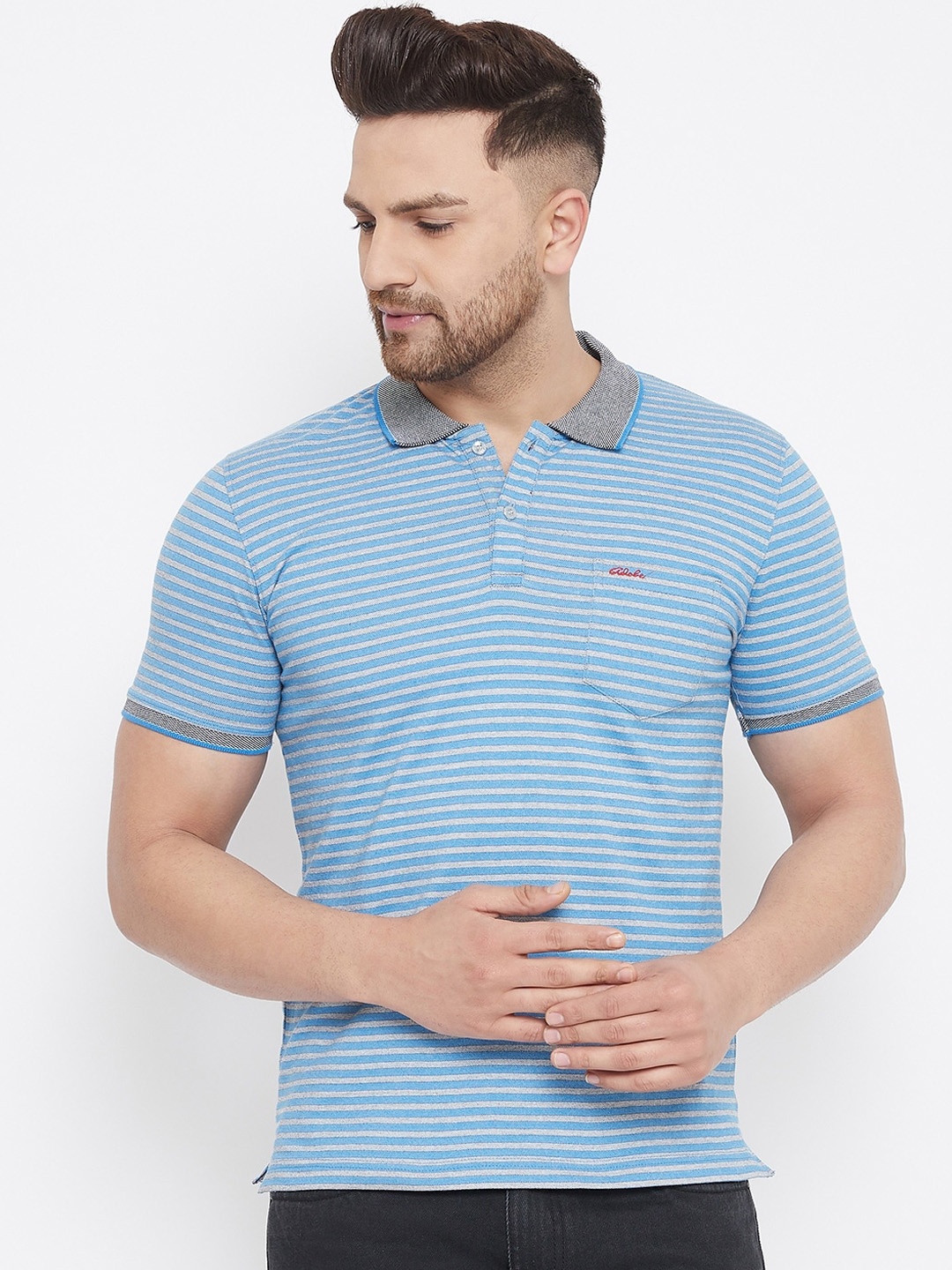 

Adobe Men Blue Striped Polo Collar T-shirt