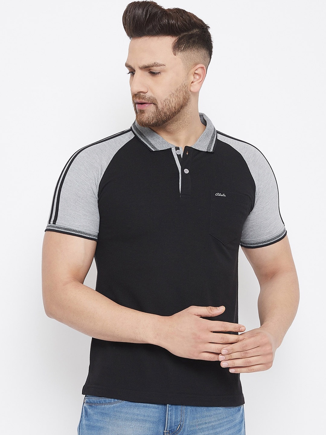 

Adobe Men Black & Grey Colourblocked Polo Collar T-shirt