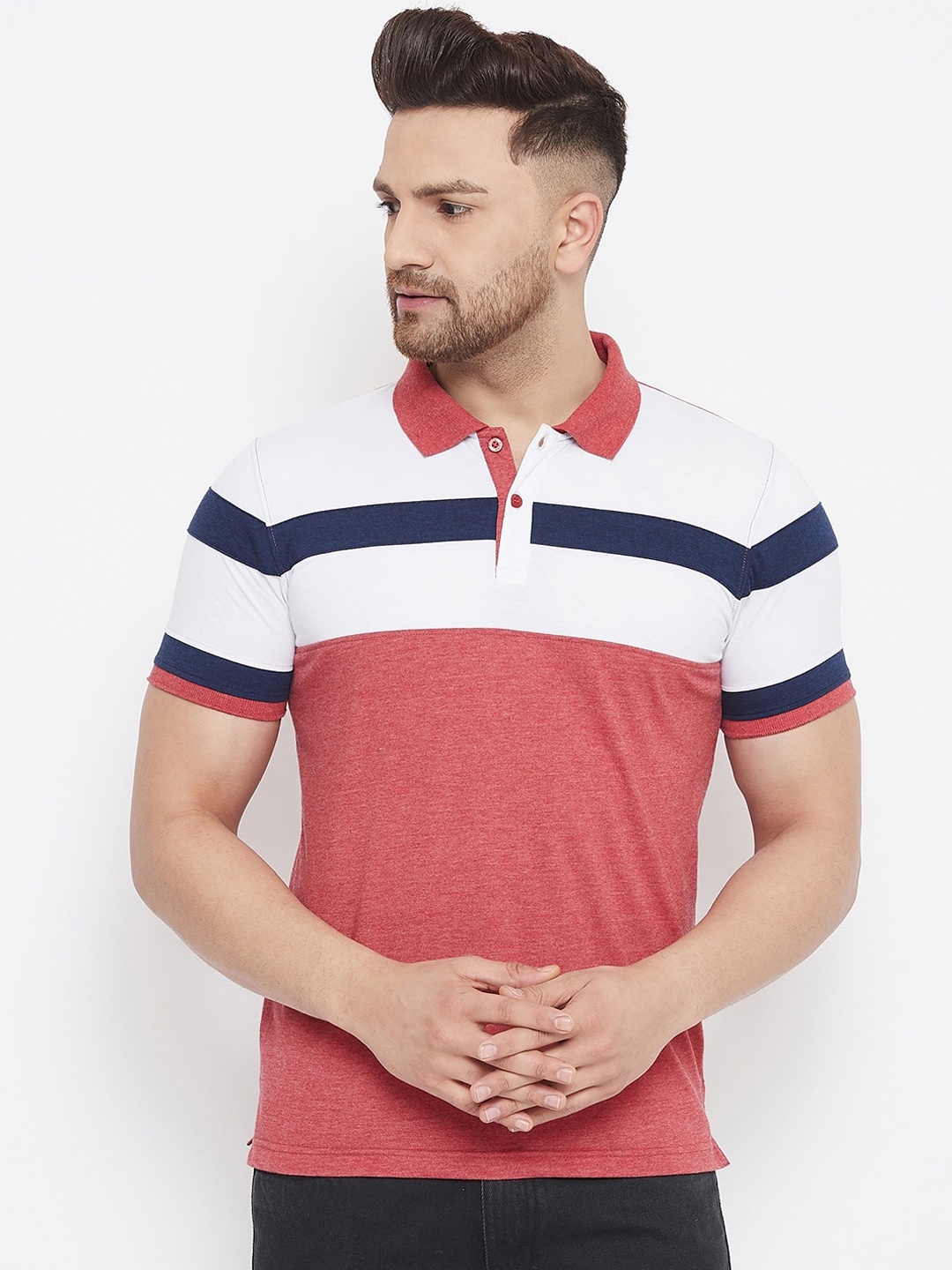 

Adobe Men Red & White Colourblocked Polo Collar T-shirt