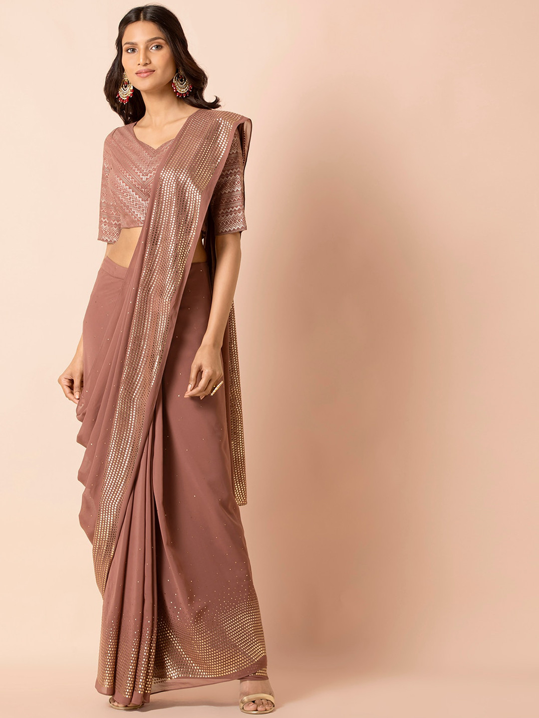 

INDYA Dusty Pink Embellished Mukaish Border Pre Draped Ready To Wear Saree