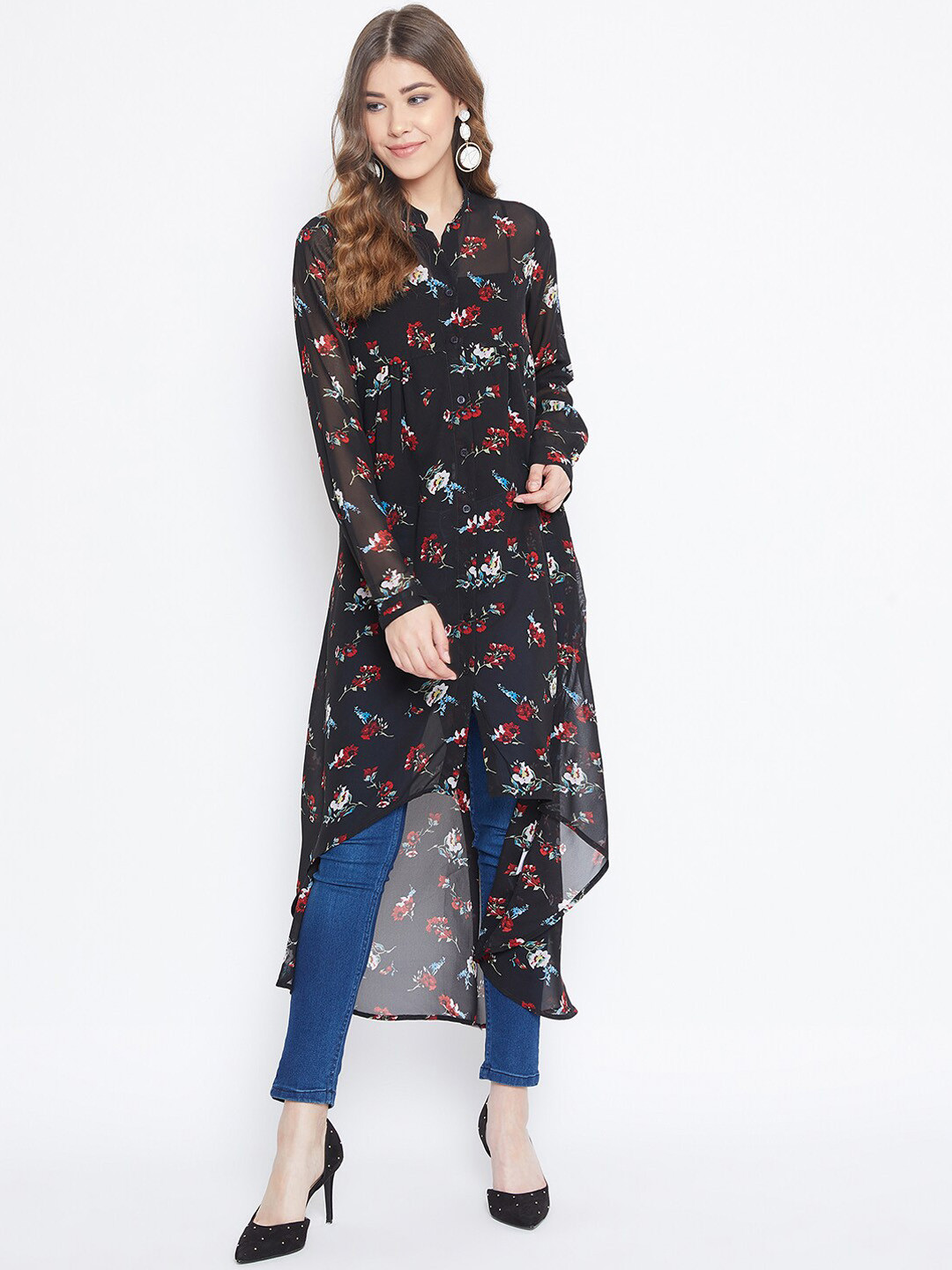 

Berrylush Black Floral Printed Mandarin Collar Crepe High-Low Longline Top