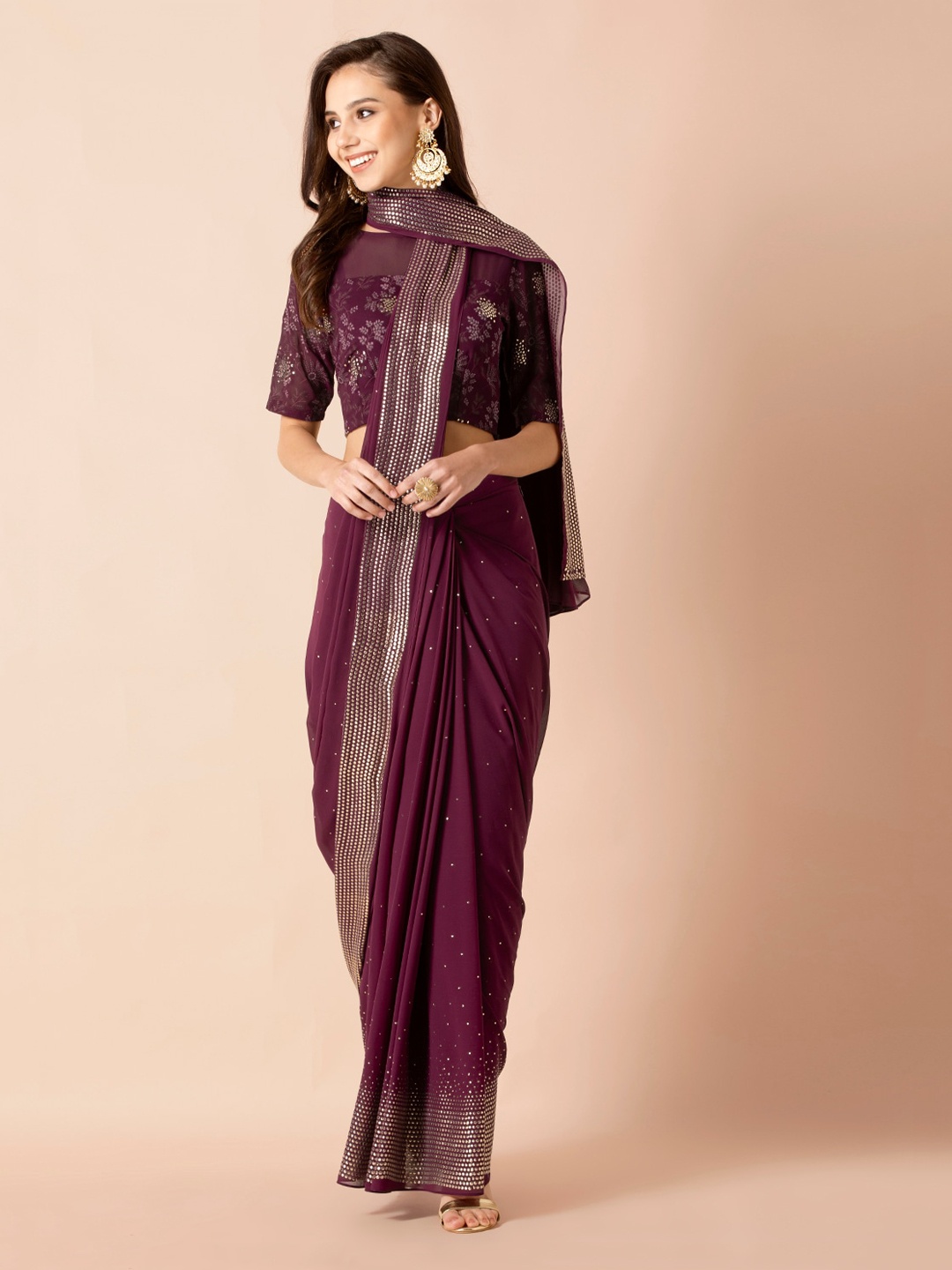 

INDYA Burgundy Embellished Poly Georgette Saree Skirt