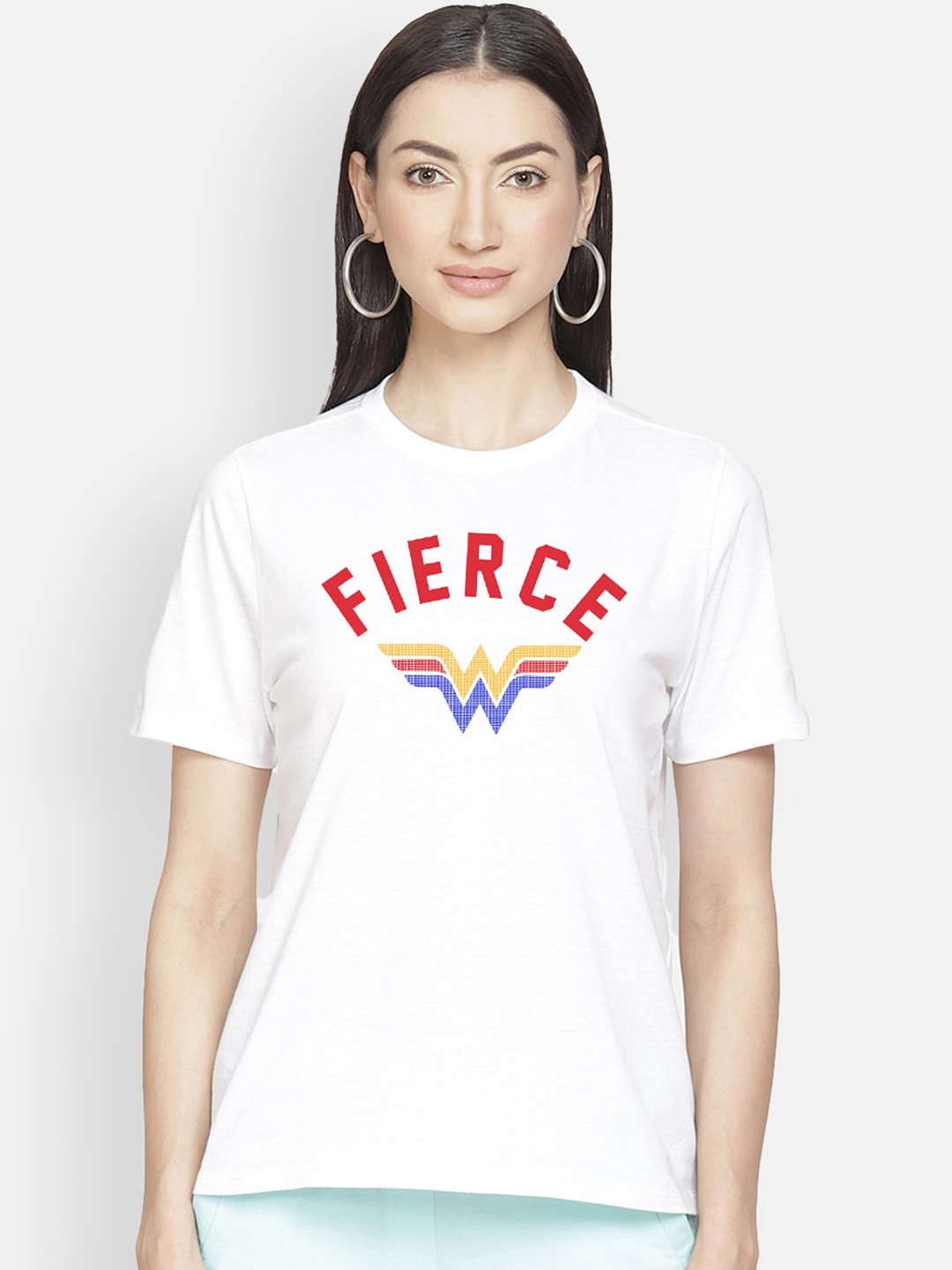 

Free Authority Women White Wonder Woman Printed Round Neck Pure Cotton T-shirt